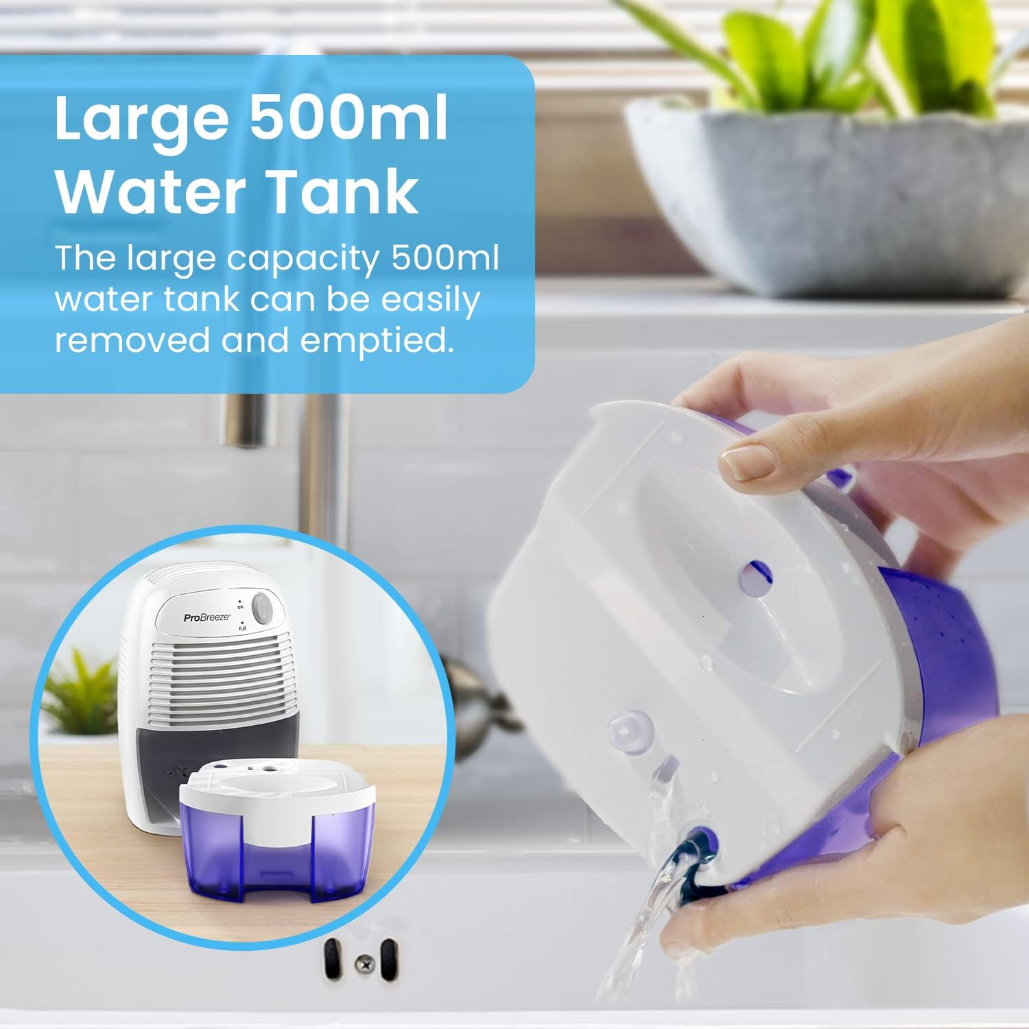 Pro Breeze Portable Dehumidifier | 500ml Tank | Ultra-Quiet Peltier