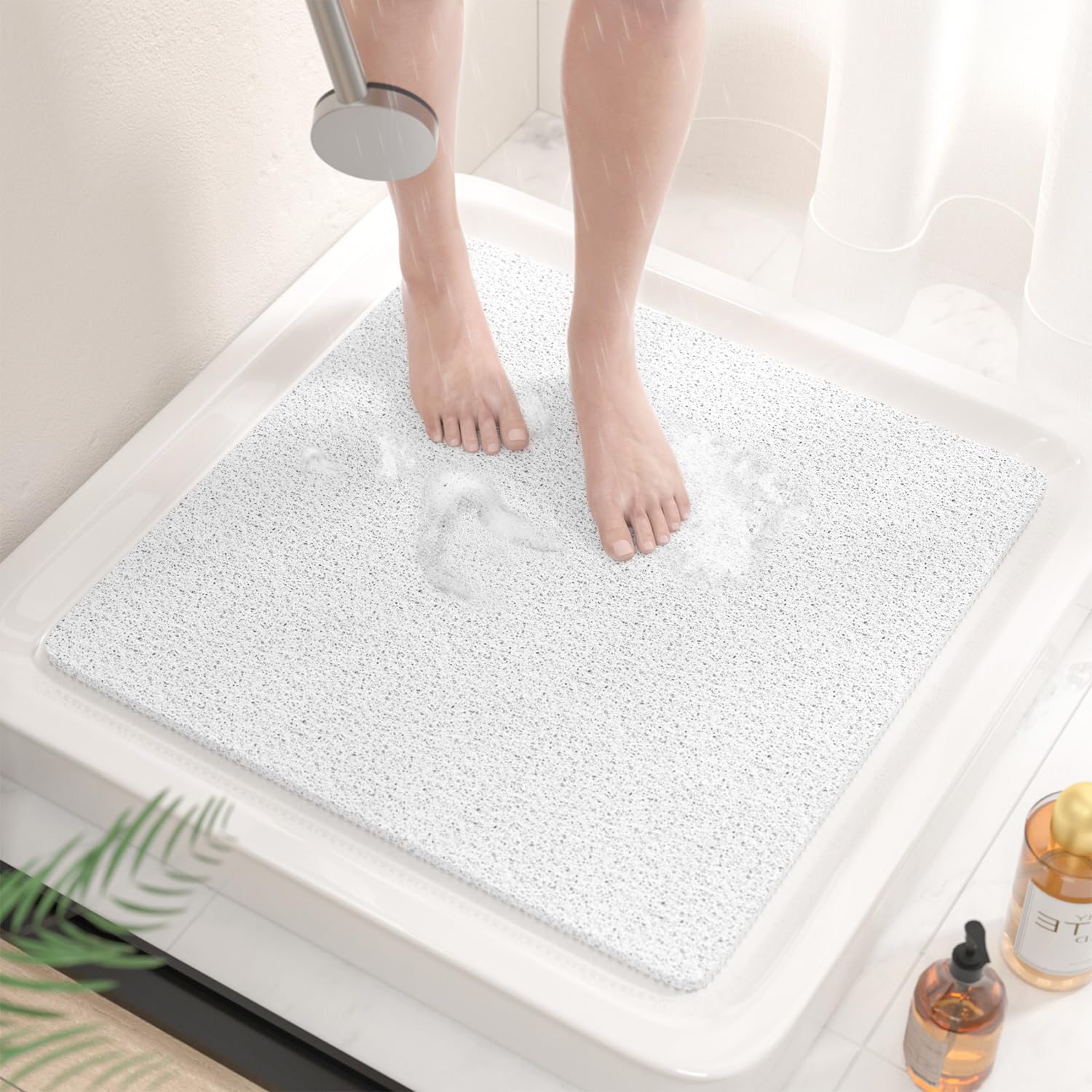 HITSLAM Square Non-Slip Shower Mat | 53x53cm Anti-Mould Loofah PVC - White