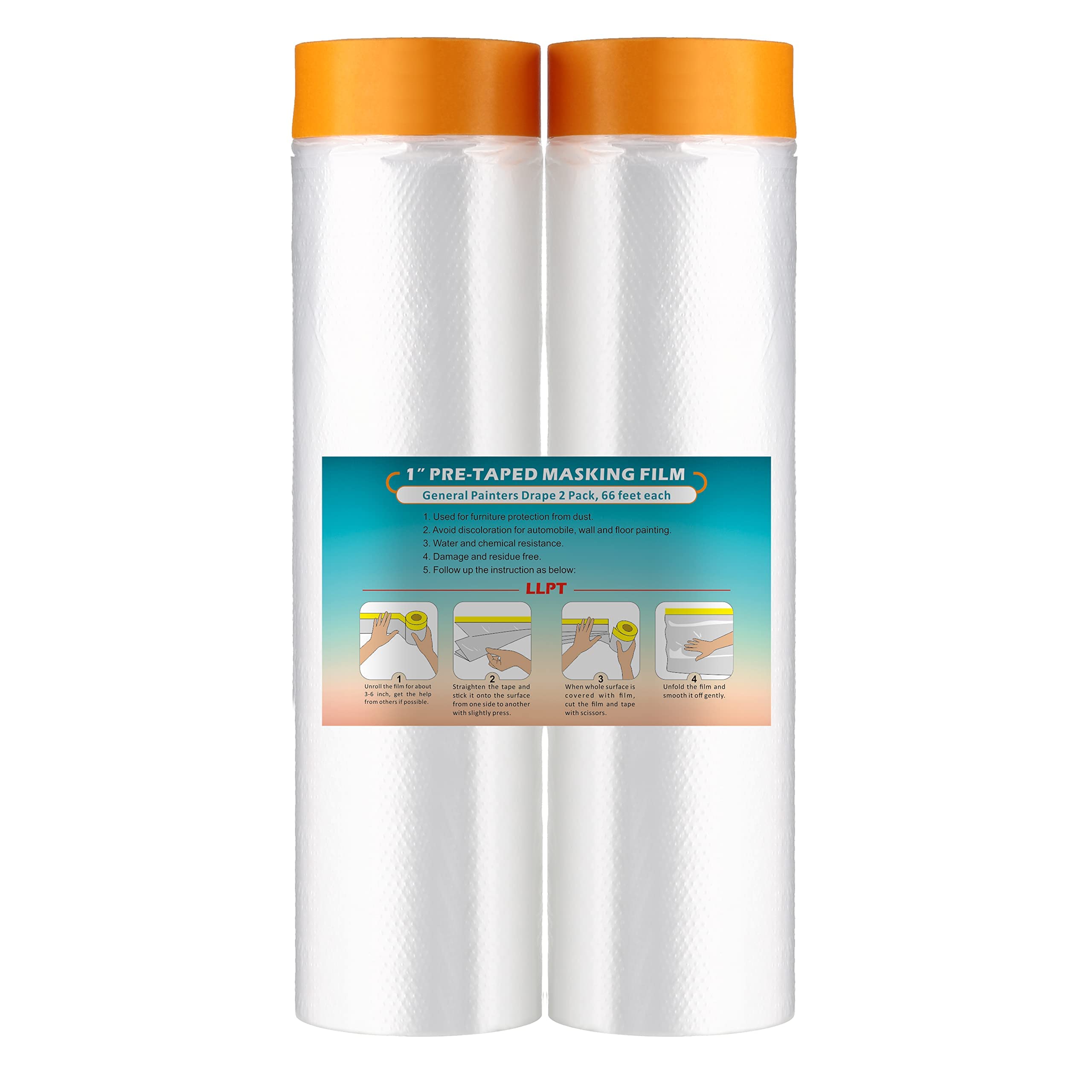 LLPT Pre-Taped Masking Film - 270cm x 20m Painter's Plastic Drop Cloth, 2-Pack