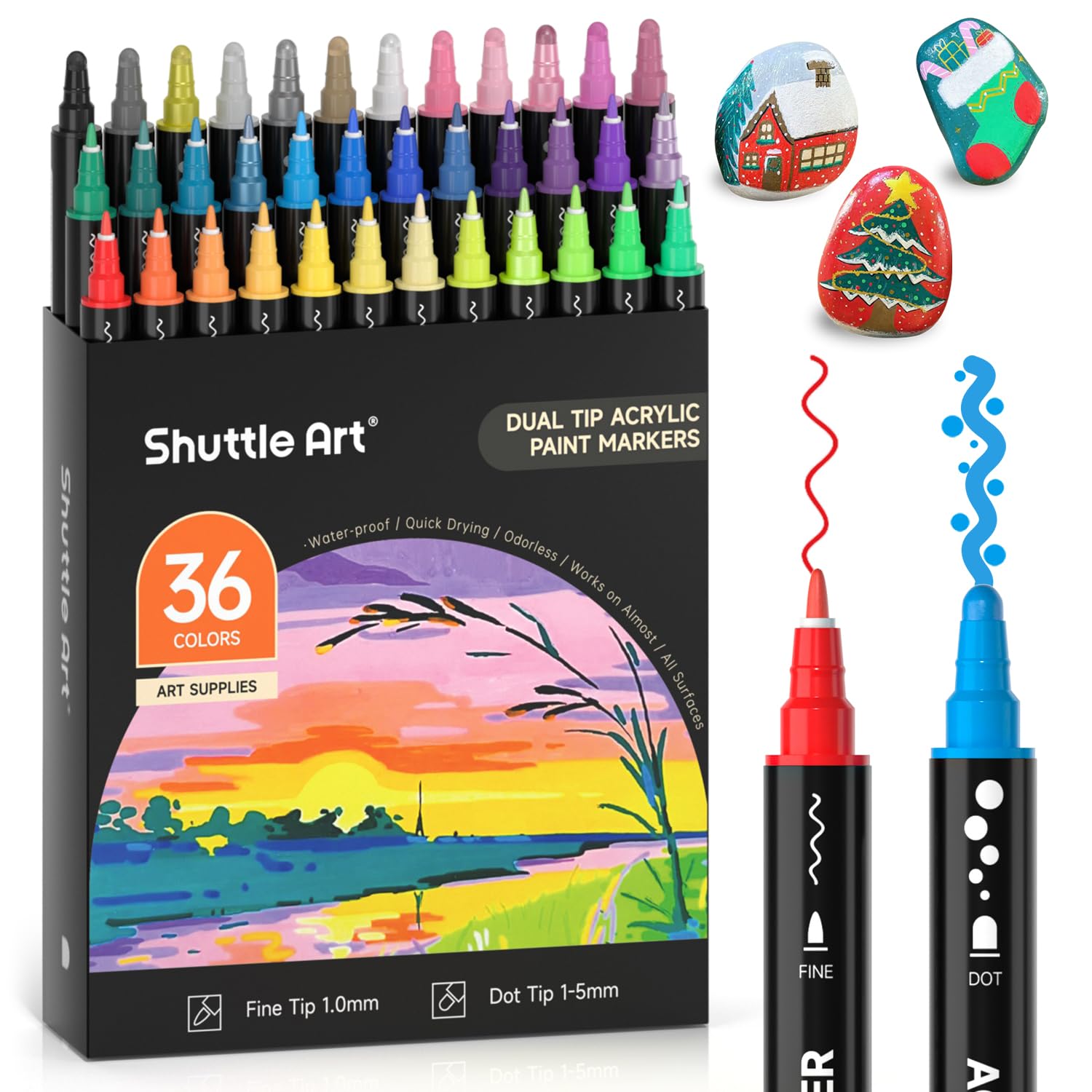 Shuttle Art 36 Color Dual Tip Acrylic Paint Pens for Rock Painting & DIY