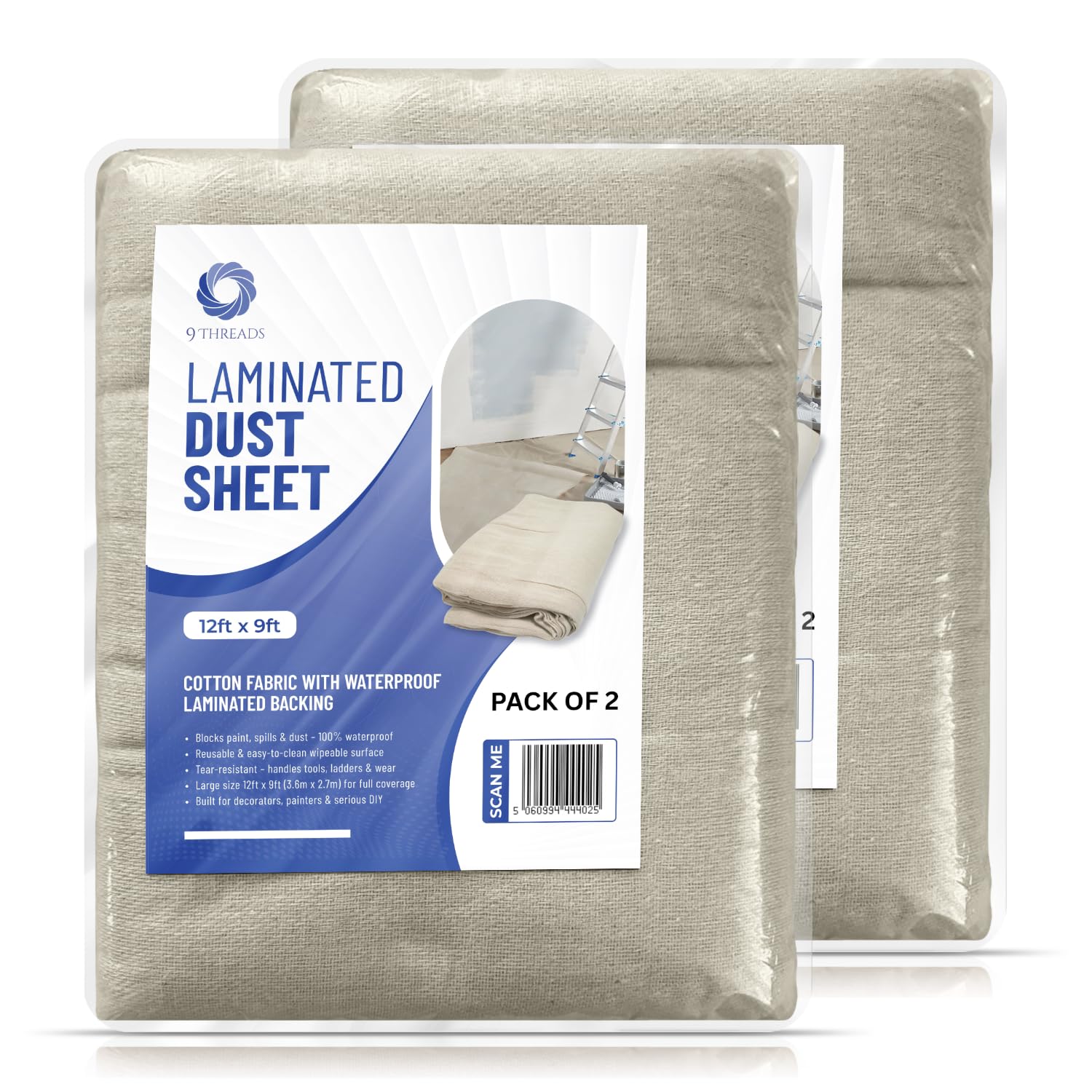 9Threads Laminated Cotton Dust Sheets - 12'x9' Reusable Drop Cloths (2 Pack)