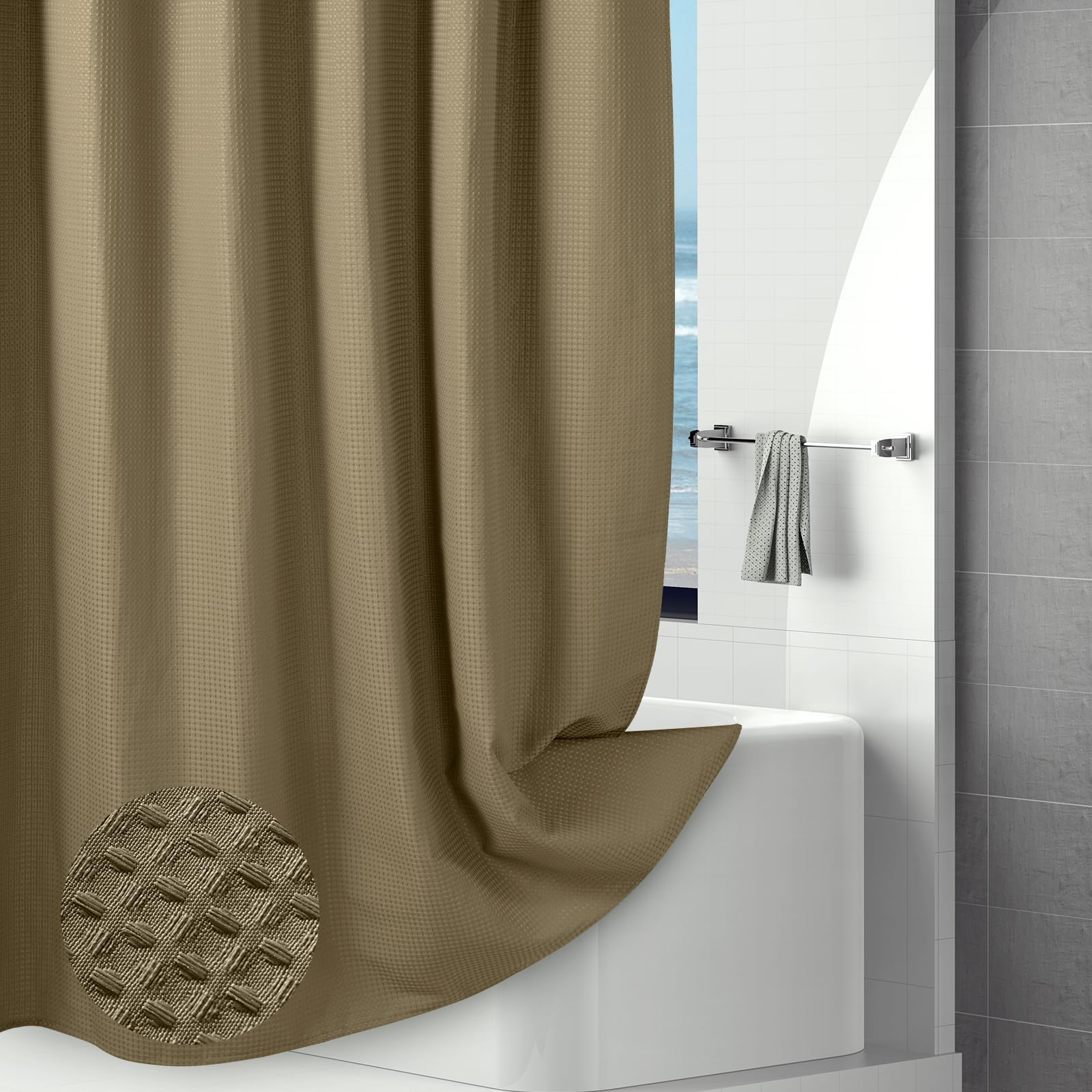 Waffle Shower Curtain – Tan 256GSM Heavy Duty Waterproof Fabric