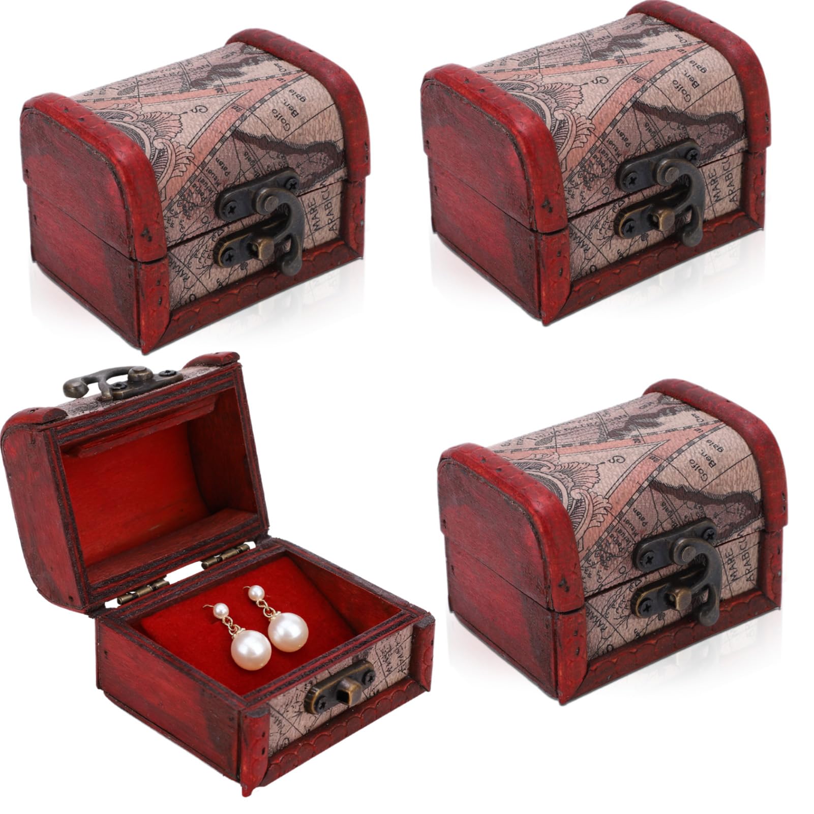 HERCHR Mini Wooden Treasure Chests | 4-Piece Vintage Jewelry Trinket Box Set