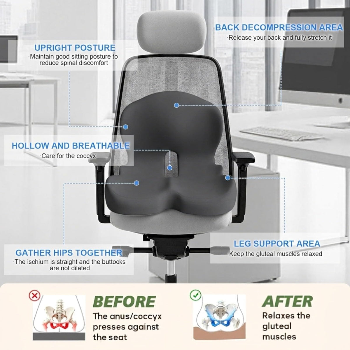 Gresonic Ergonomic Memory Foam Seat Cushion, For Office, Car, Gaming & Dining Chairs, Sciatica, Tailbone & Coccyx Pain Relief