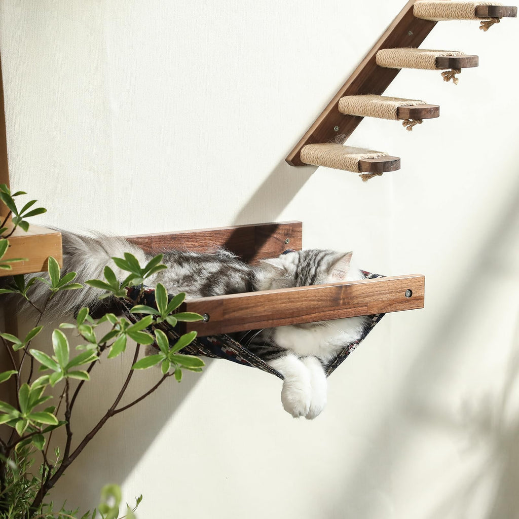 FUKUMARU Wall Mounted Cat Hammock – Large Walnut Wood Shelf and Bed