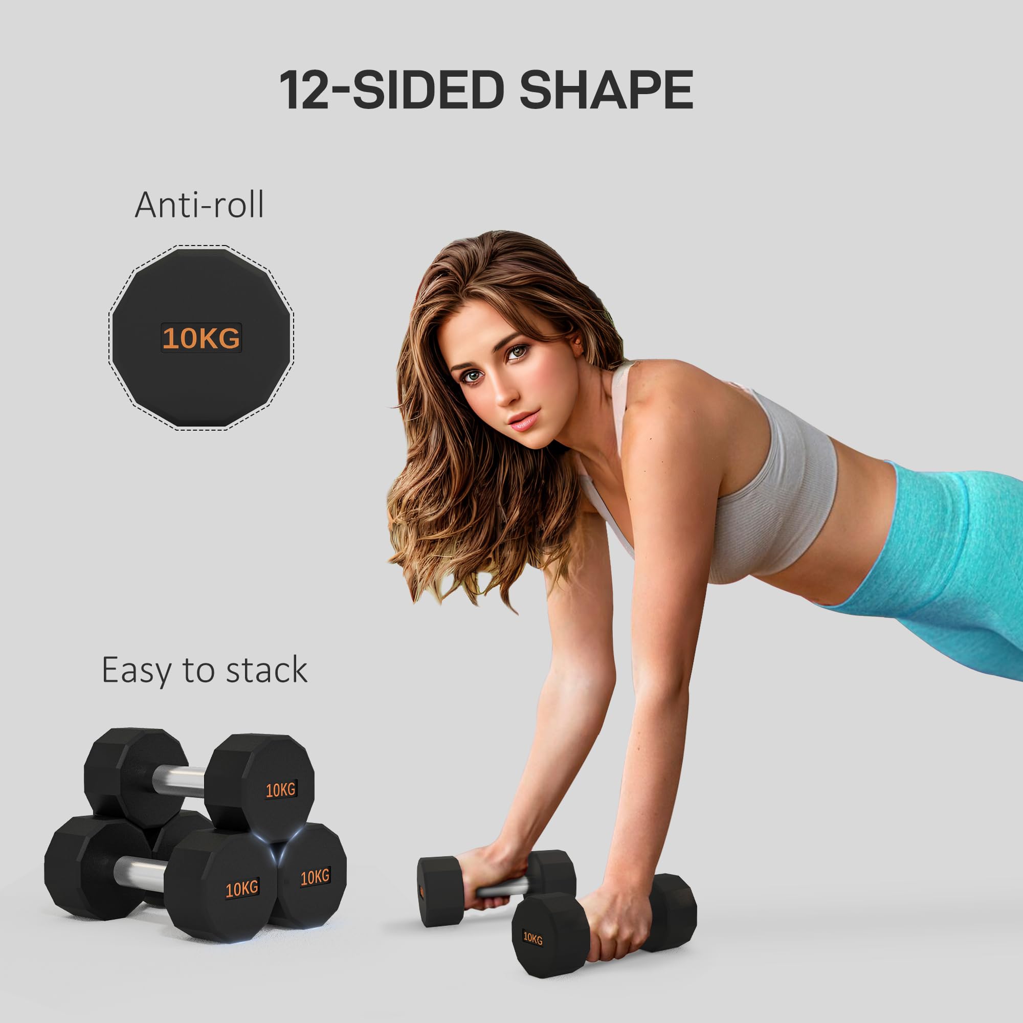 SPORTNOW 10kg Dumbbells Set – 12-Sided Anti-Roll Rubber Hand Weights