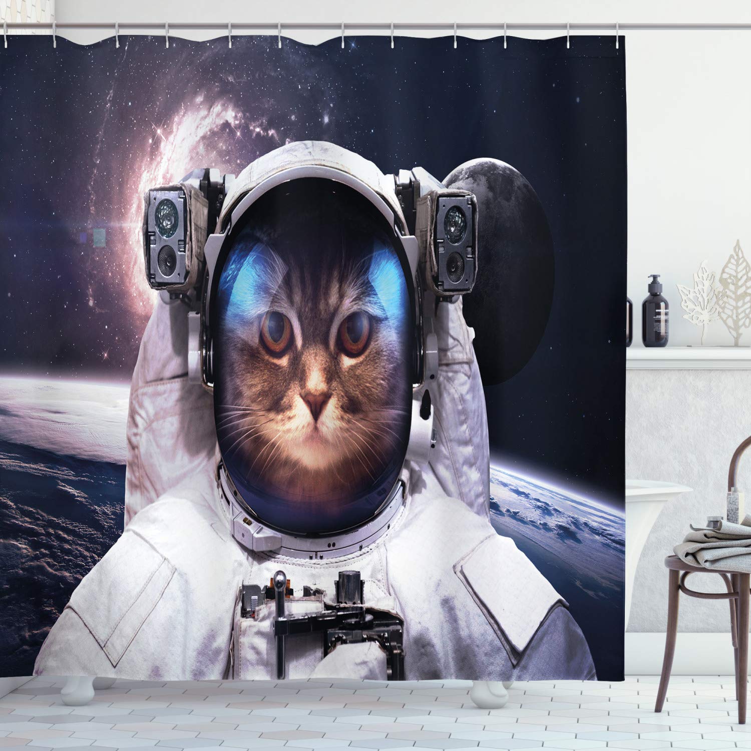 ABAKUHAUS Space Cat Shower Curtain | Galaxy Fabric Bathroom Decor with Hooks