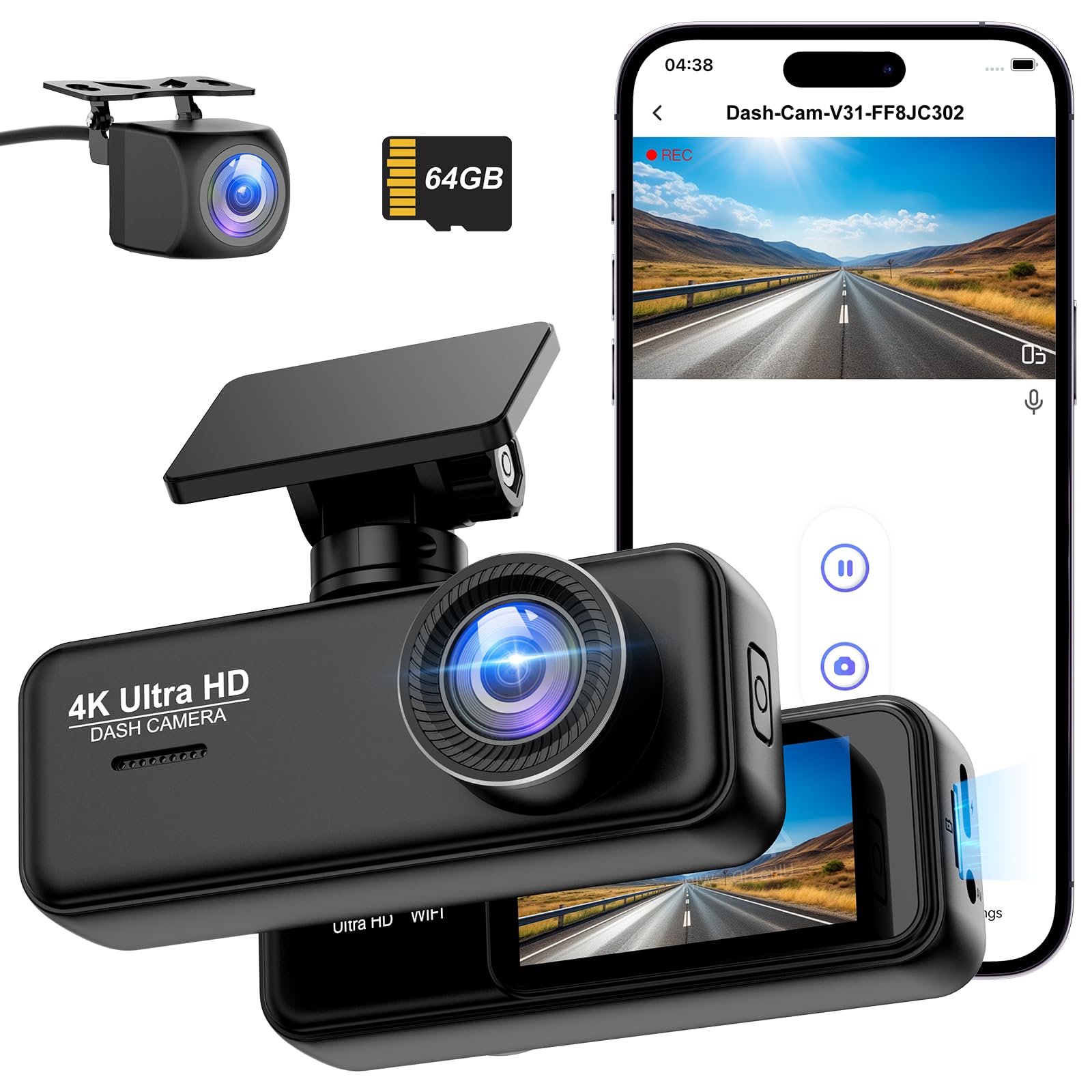 DYNACAM 4K Front and Rear Dash Cam | WiFi Car Camera with 64GB SD Card