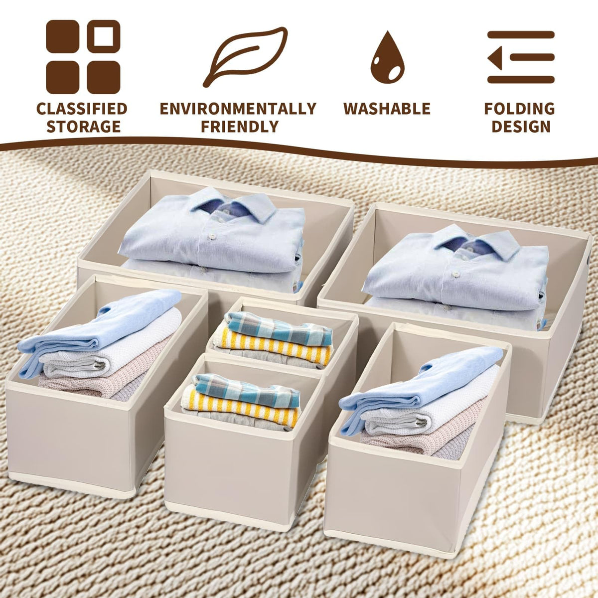 Clothes Drawer Folding Wardrobe Organisers 12-Piece Drawer DividersKhaki