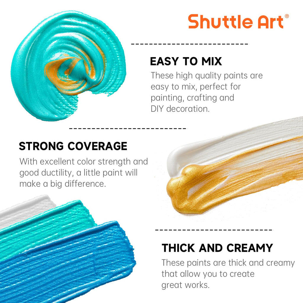 Shuttle Art Metallic Acrylic Paint Set - 30 Colors with Brushes & Palette