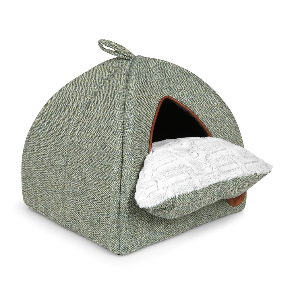 Petface Sage Herringbone Igloo Cat Bed – Cozy Plush Indoor Pet Cave