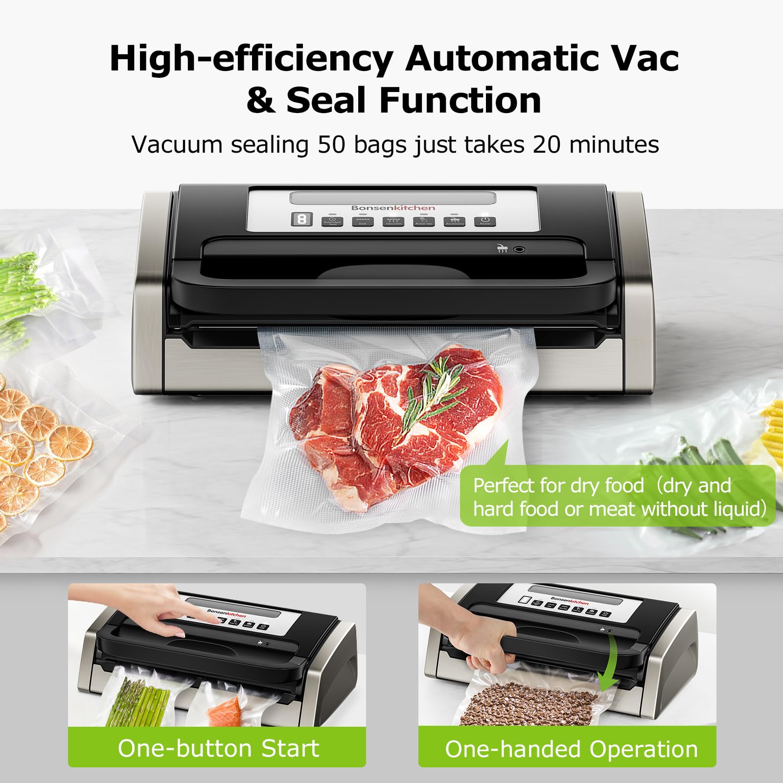 Bonsenkitchen Vacuum Sealer Machine | Low-Noise Food Sealer with Cutter