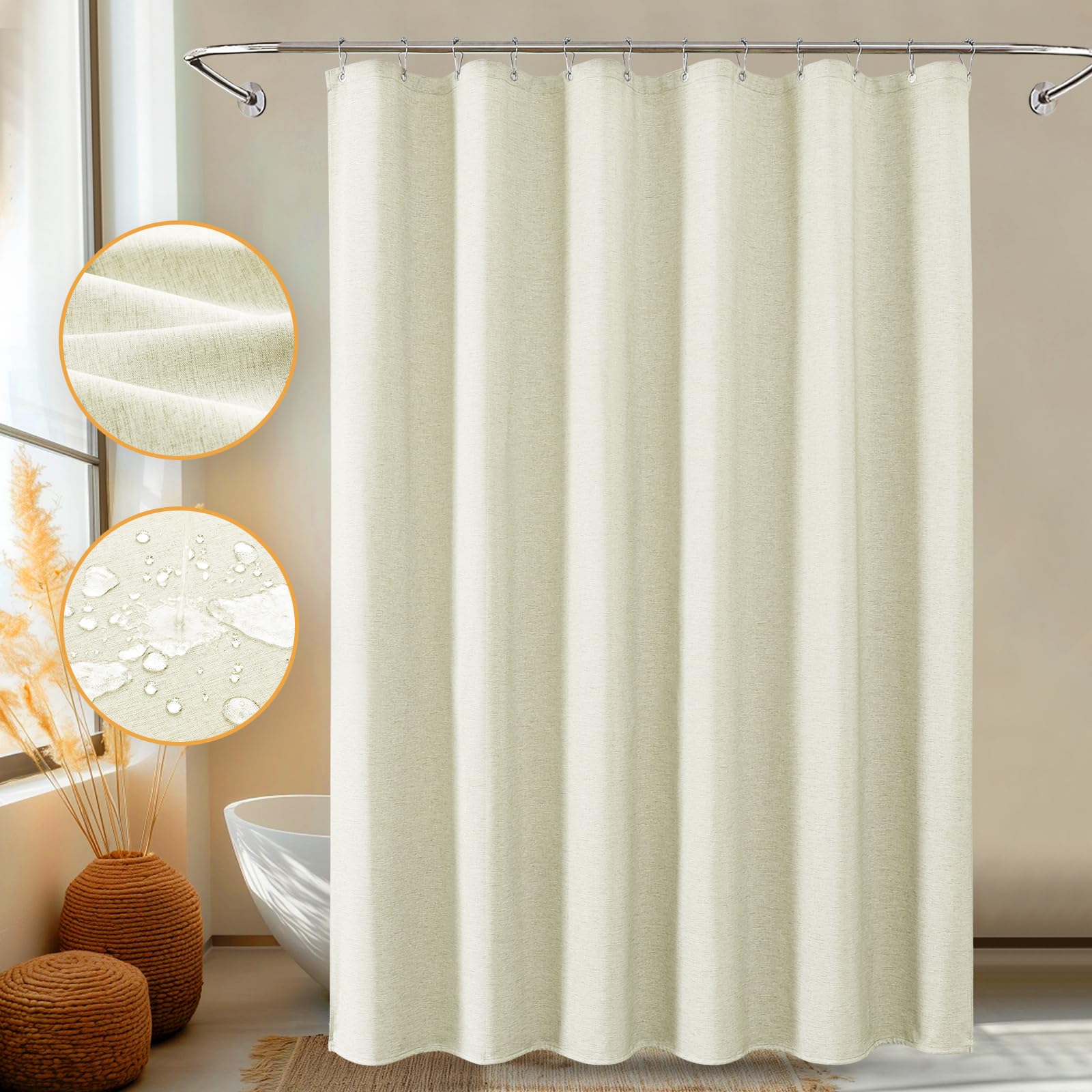 FY&XZH Heavy-Duty Linen-Texture Waterproof Shower Curtain - Beige