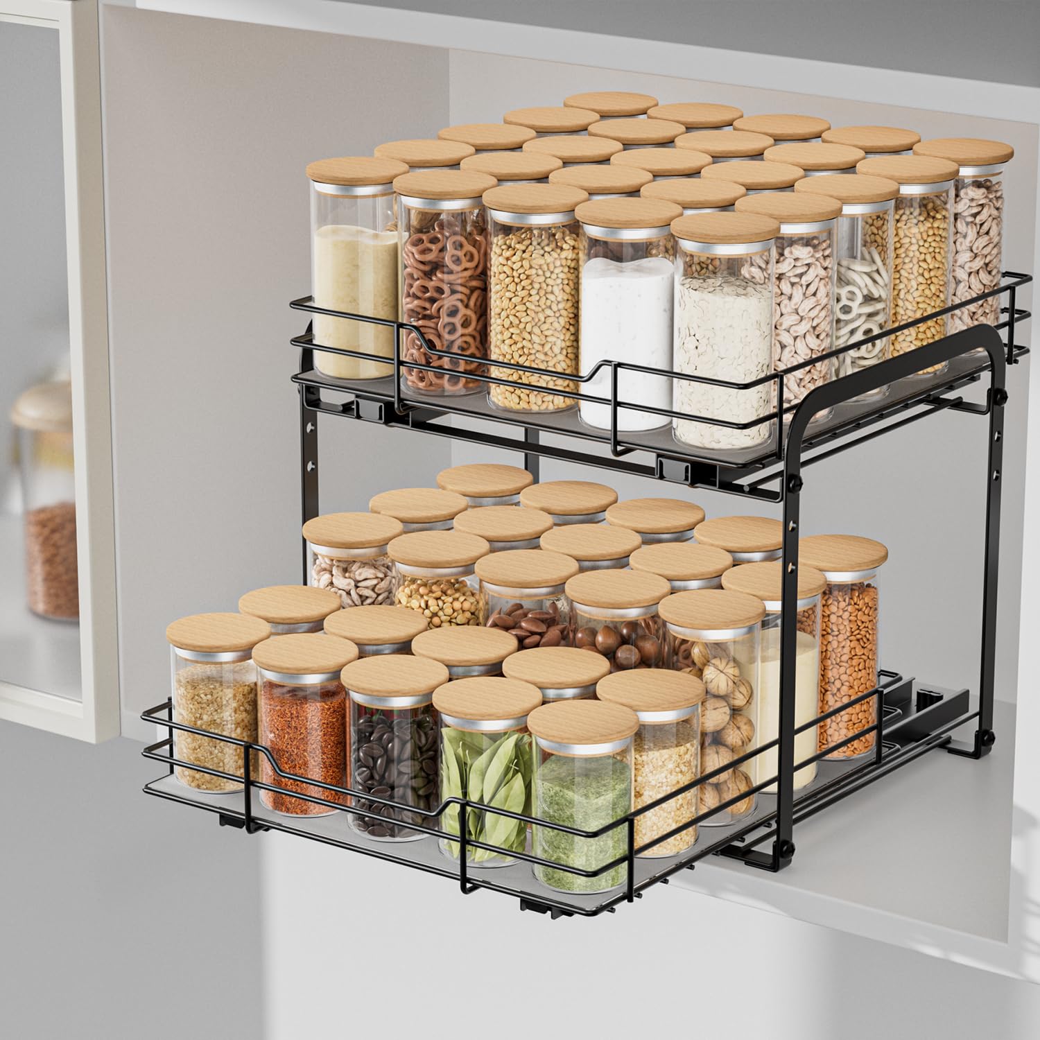 AIRUJIA Pull Out Cabinet Organizer – 2-Tier Metal Adjustable Spice Rack