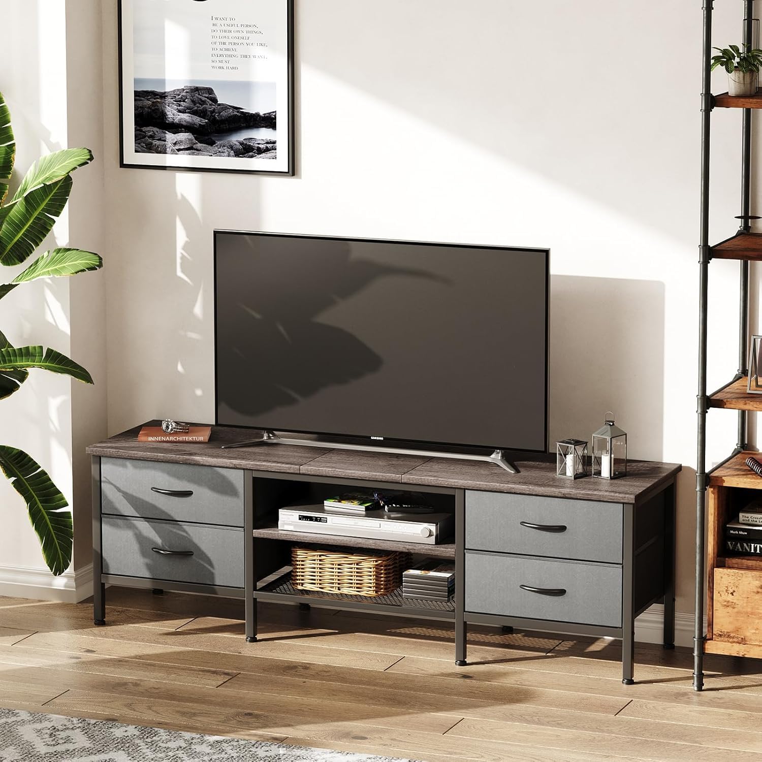 CAIYUN 63 Inch TV Stand with 4 Drawers – Industrial Media Console, Grey