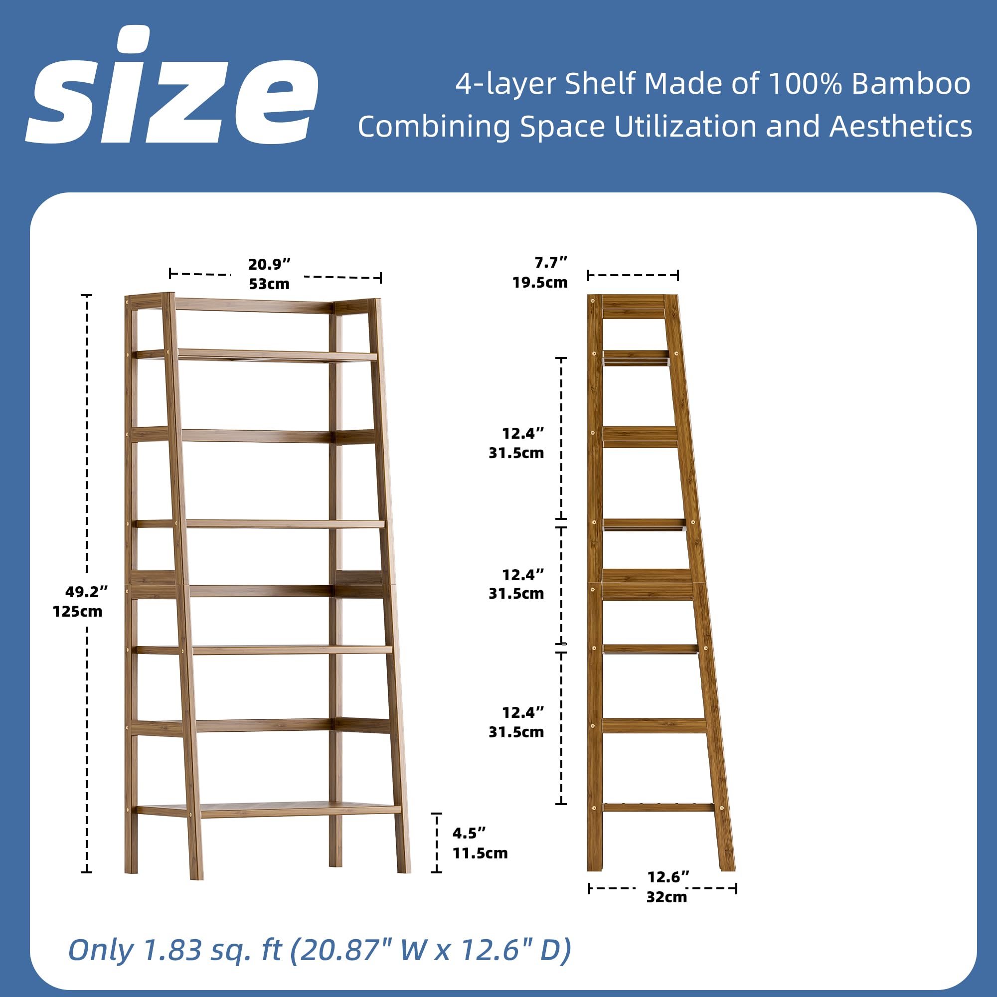 HITNET 4-Tier Bamboo Ladder Bookcase – Leaning Storage Shelf, Walnut