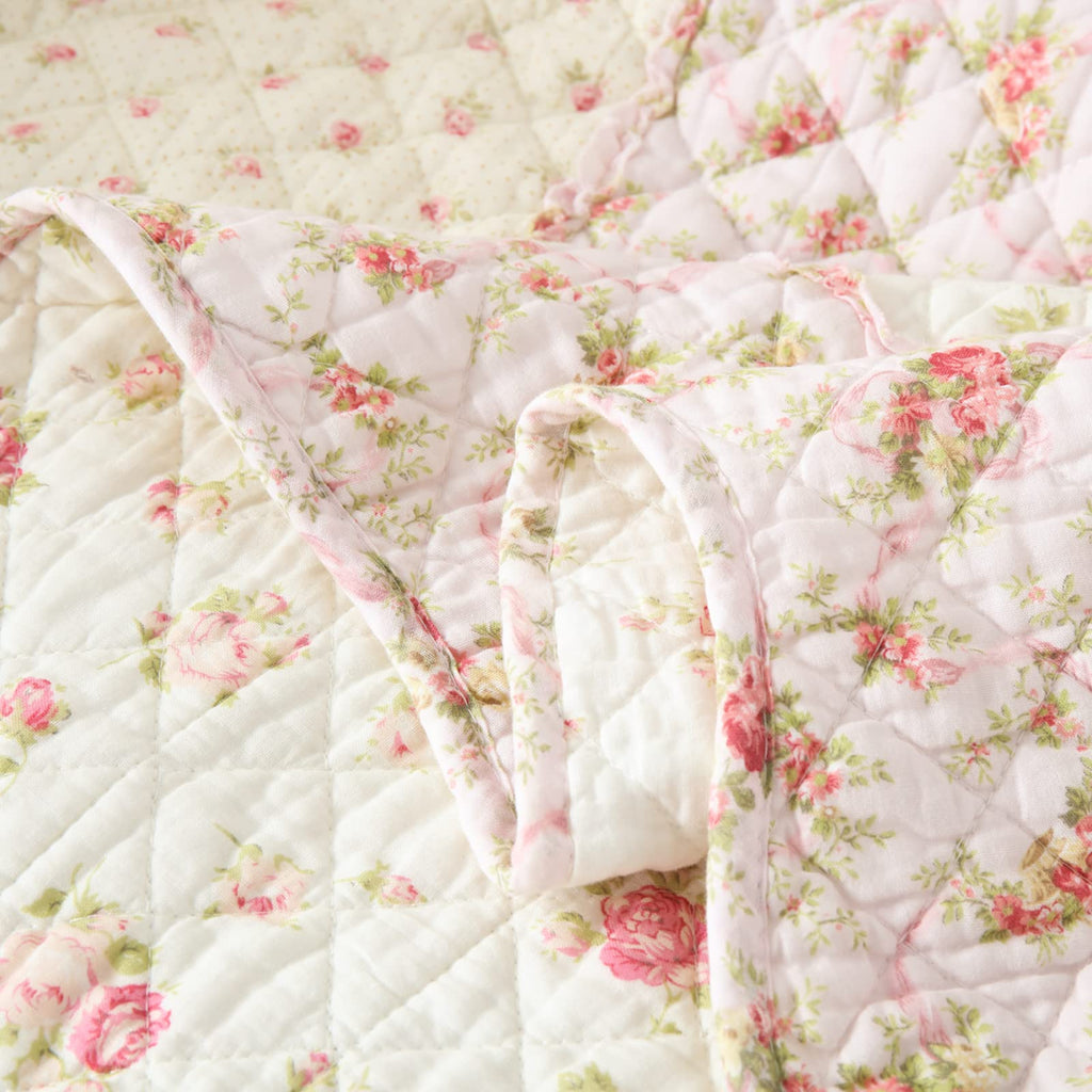 Qucover Pink Floral Patchwork Quilt – 100% Cotton Single Bedspread 150x200cm