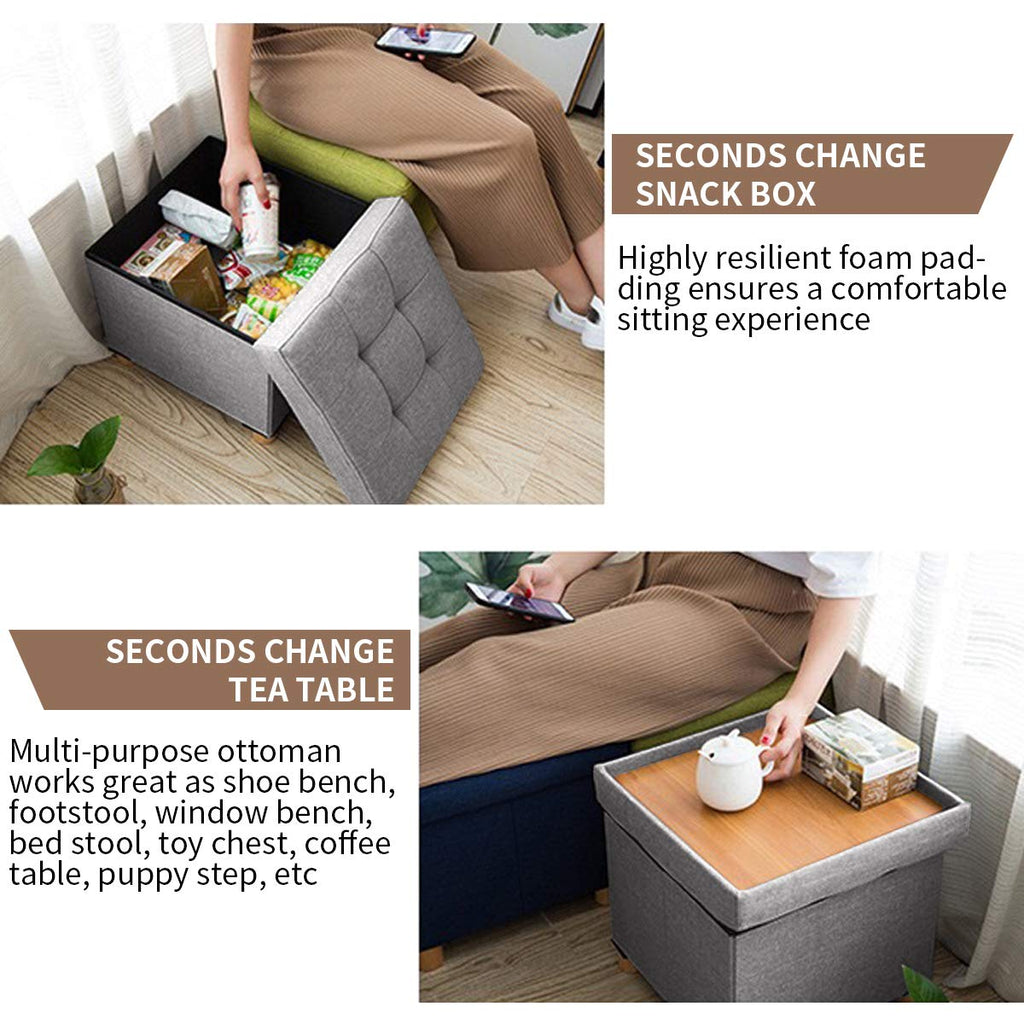 BRIAN & DANY Folding Storage Ottoman with Wood Legs - Light Gray Linen