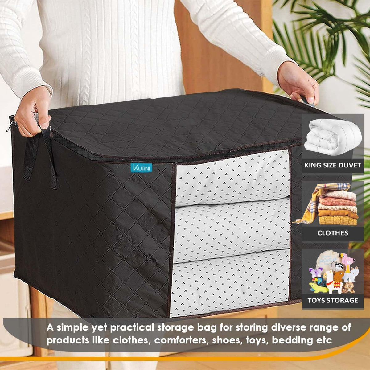 KURNI Storage Bags | Clothes Organizer Boxes, Foldable 6 Pack Black, 90L Capacity, 3 Sided Zipper Moving Large Bag. Dust & Moisture Proof - image 2