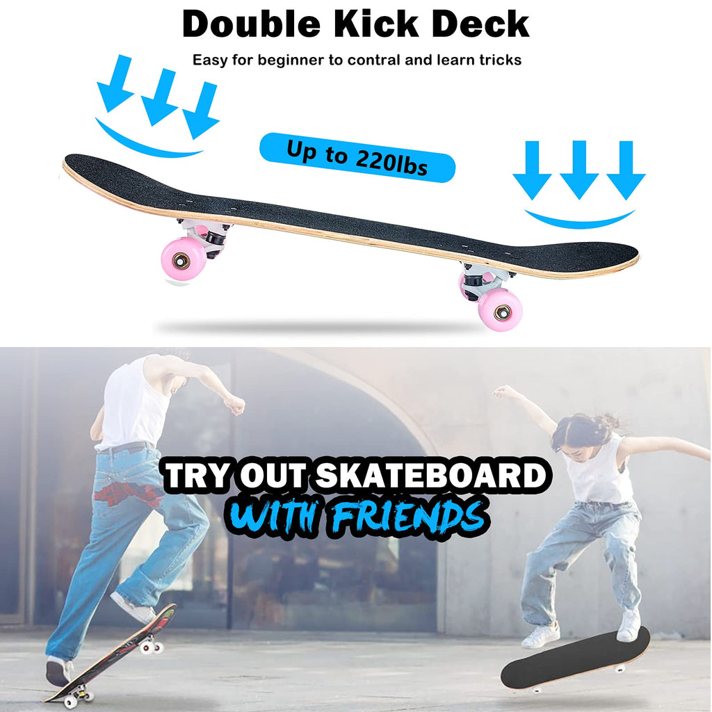 CLYCTIP Complete Skateboard | 31x8 Inch 8-Layer Maple Wood Deck - Pink