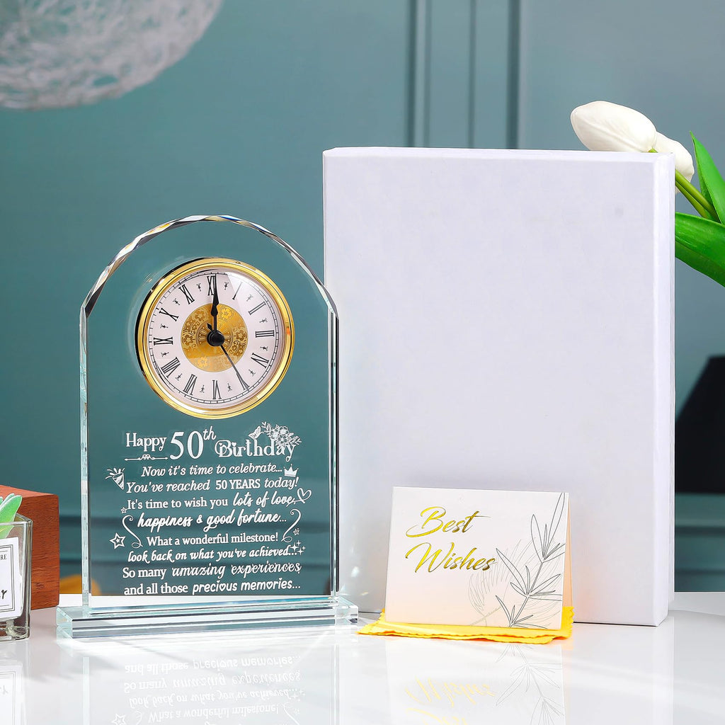 50th Birthday Glass Keepsake – Quartz Desk Clock Gift for Women
