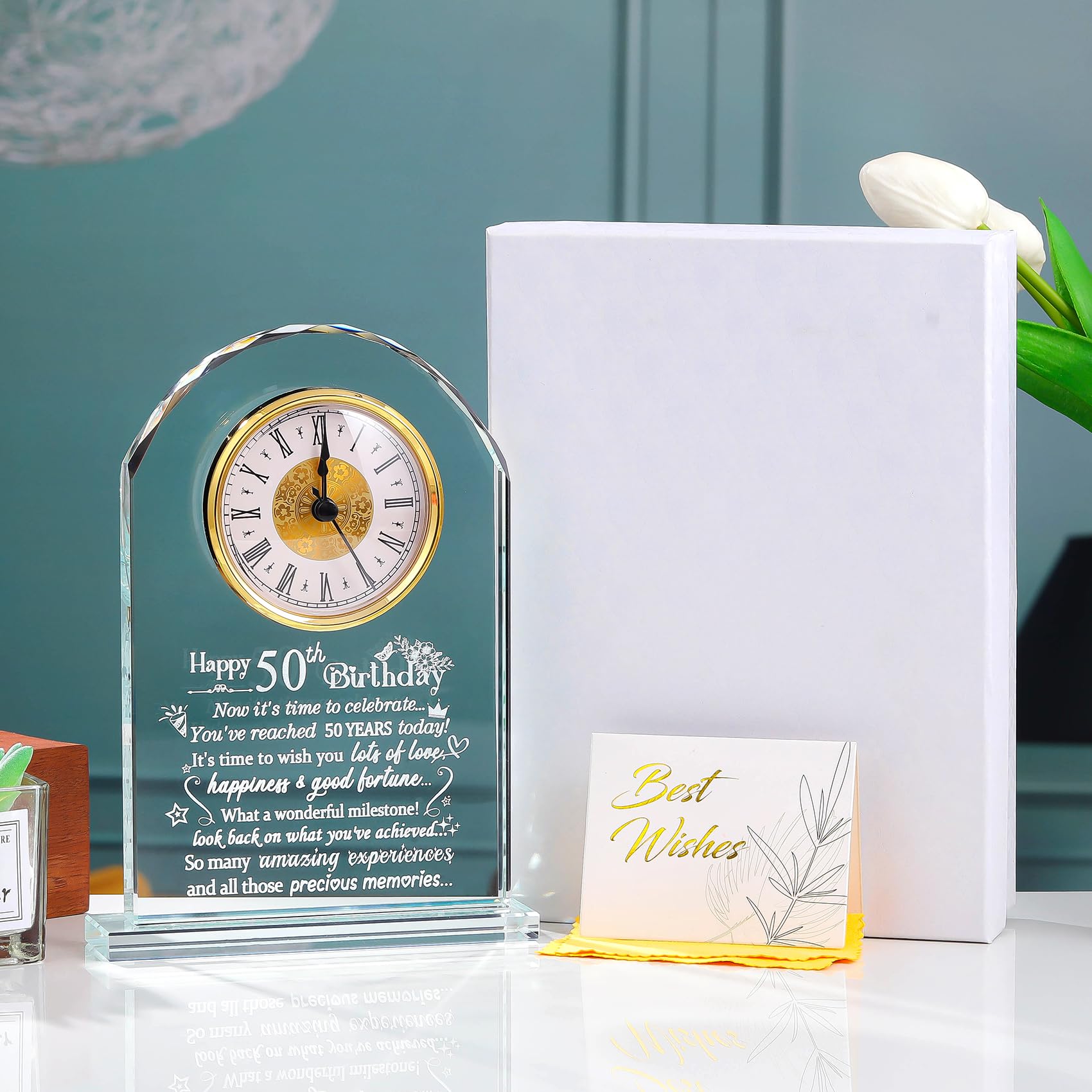 50th Birthday Glass Keepsake – Quartz Desk Clock Gift for Women