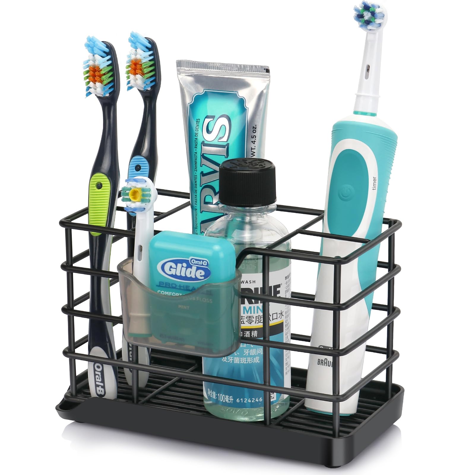 CHONLY Stainless Steel Toothbrush Holder with Drain Tray - Black, 5 Slots