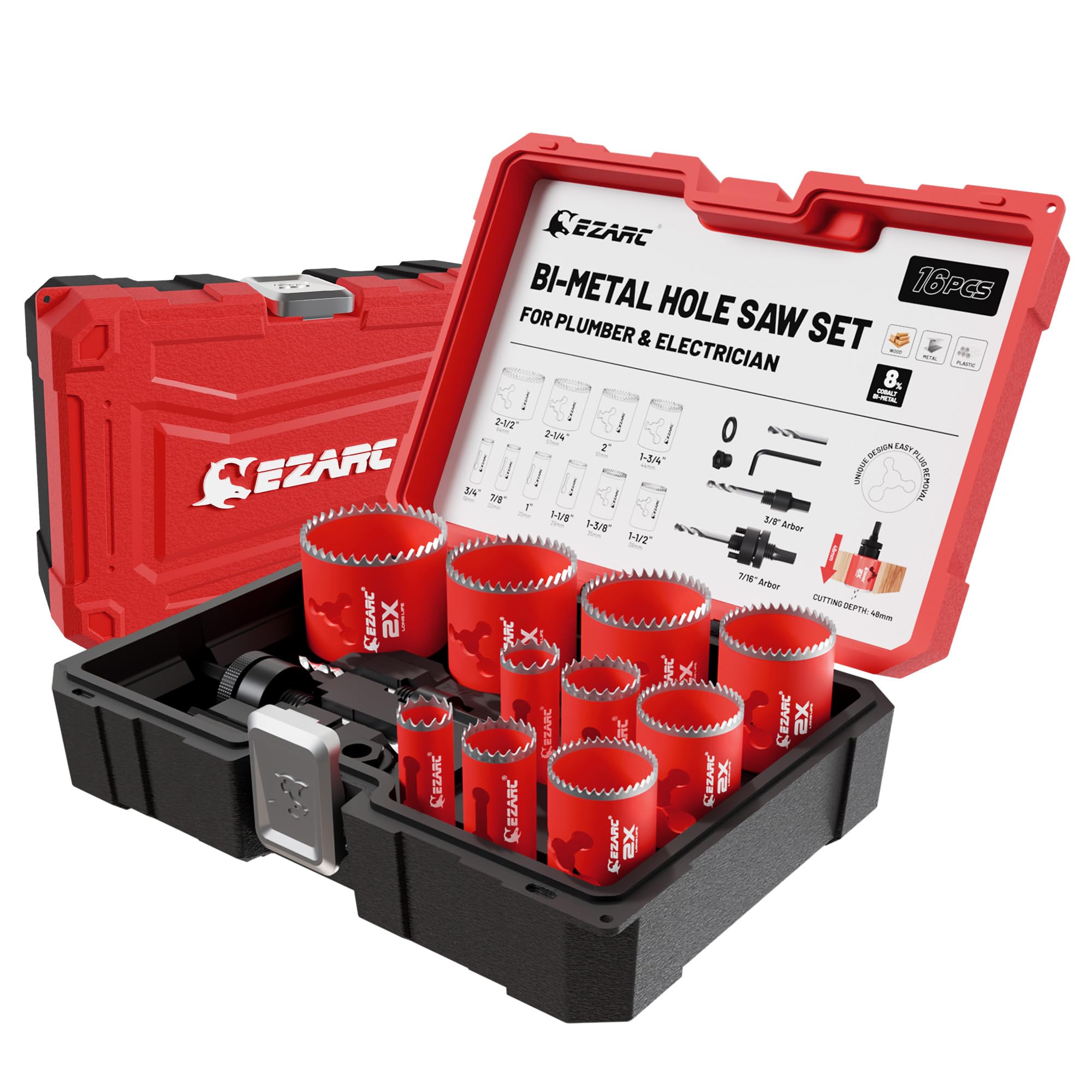 Ezarc 16pc Bi-Metal Hole Saw Set | 8% Cobalt 48mm Deep Cut Kit