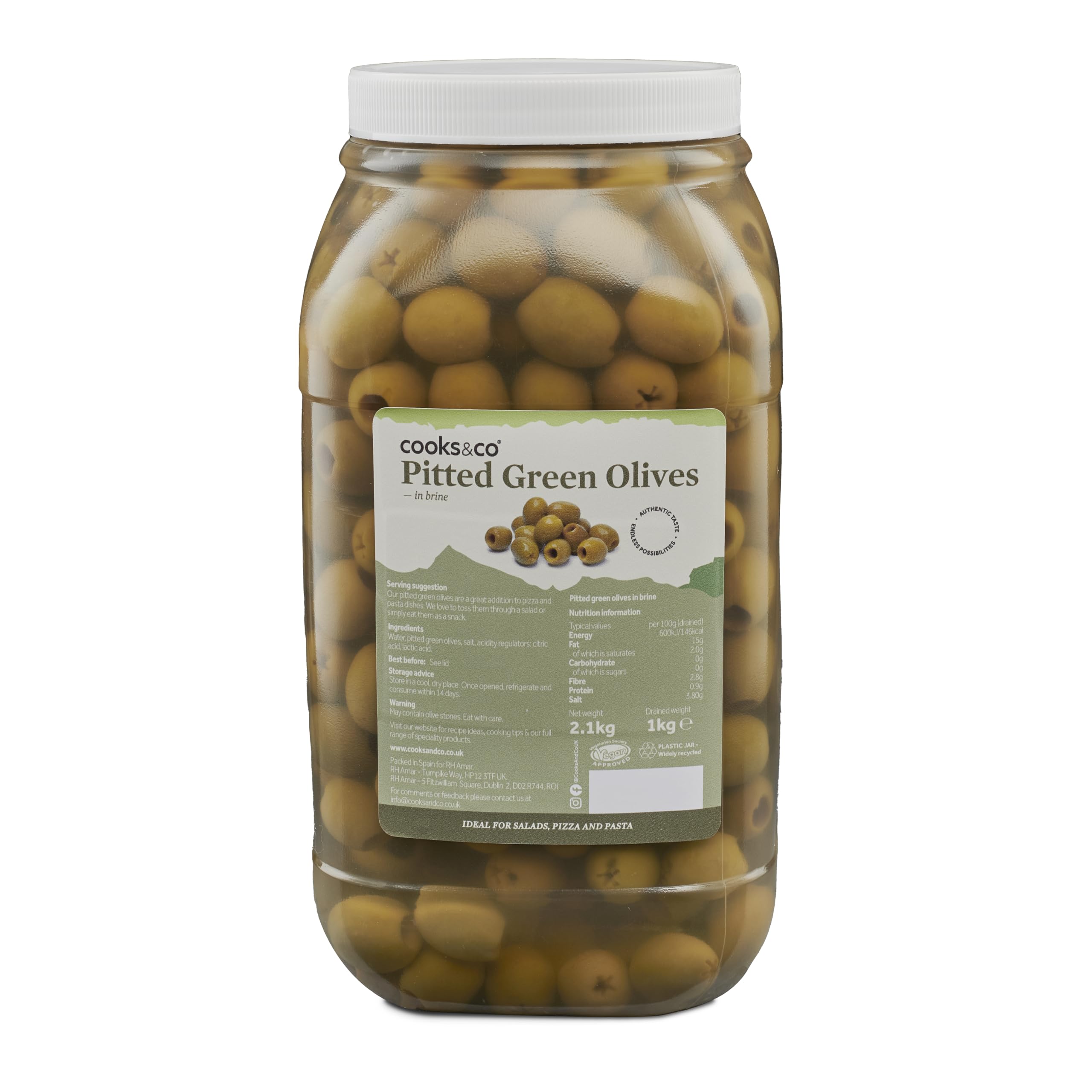 Cooks&Co Pitted Green Olives in Brine – 2 x 2.1kg Bulk Pantry Pack