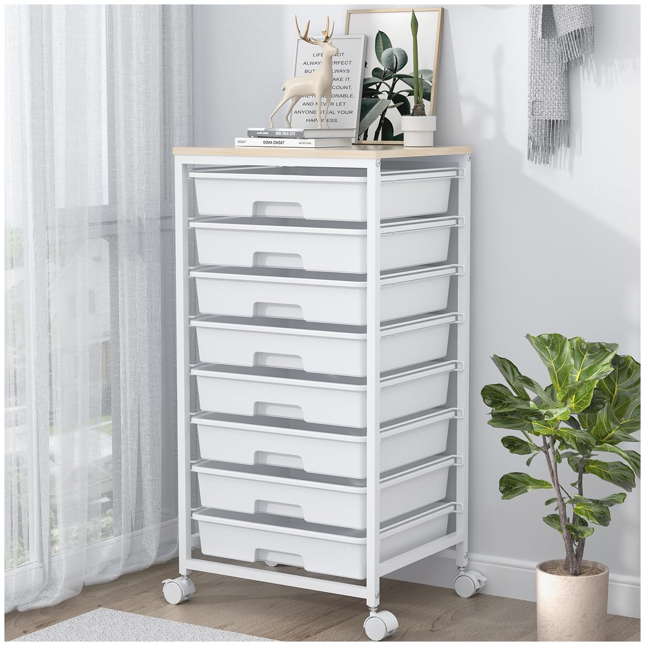 SYKIARIOL 8-Drawer Rolling Storage Trolley | Wooden Top Utility Cart