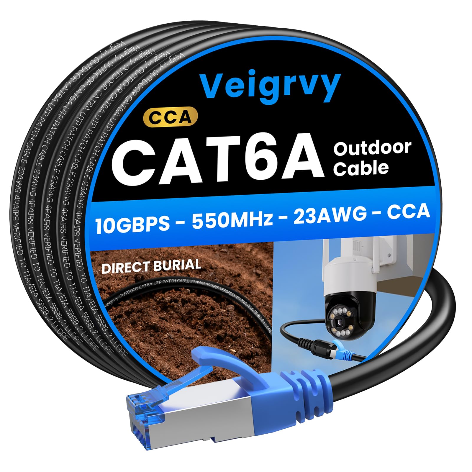 Veigrvy Cat 6A Outdoor Ethernet Cable 30m | Direct Burial 10Gbps LAN