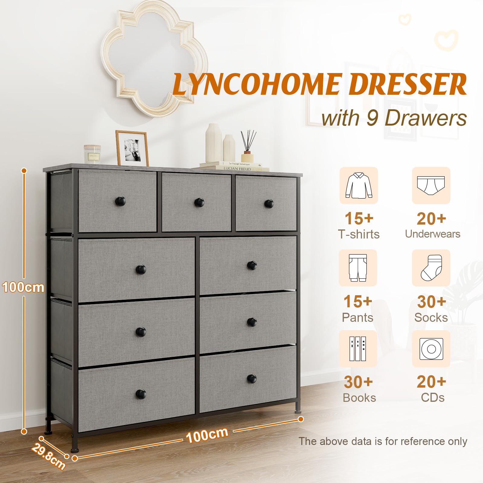 Lyncohome 9-Drawer Fabric Dresser | Grey Storage Unit with Wooden Top