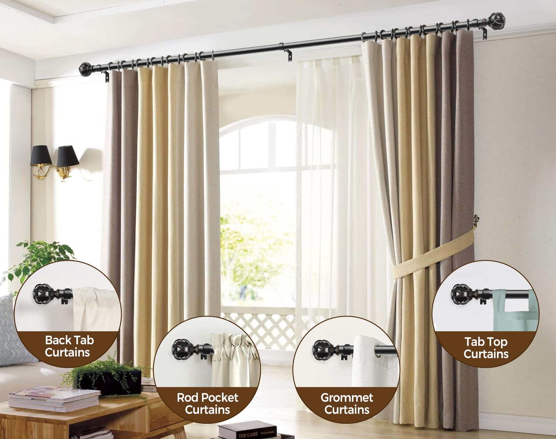 KAMANINA Extendable Curtain Pole | 80-304cm Black Rod with Netted Finials