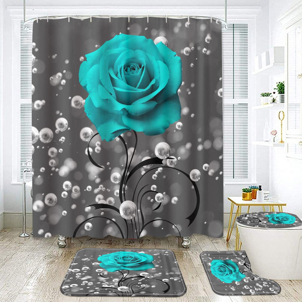 4 Piece Shower Curtain with Bath Rugs Bathroom Sets, Rustic Blue Rose Flower with Butterfly Bathtub Accessory Kit -- Carpet ,U Shape Mat and Toilet - image 1