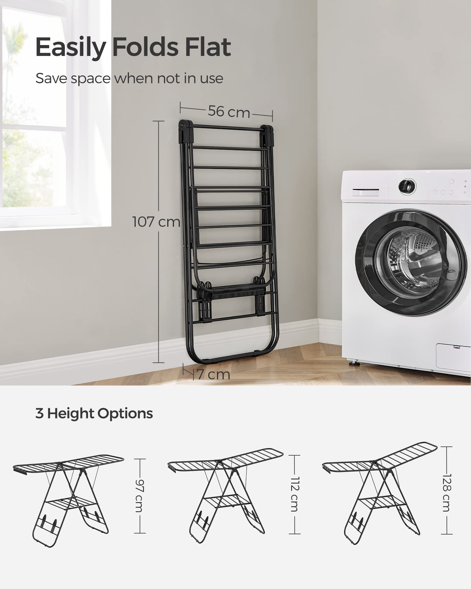 SONGMICS Foldable Clothes Drying Rack – Height-Adjustable Steel Airer
