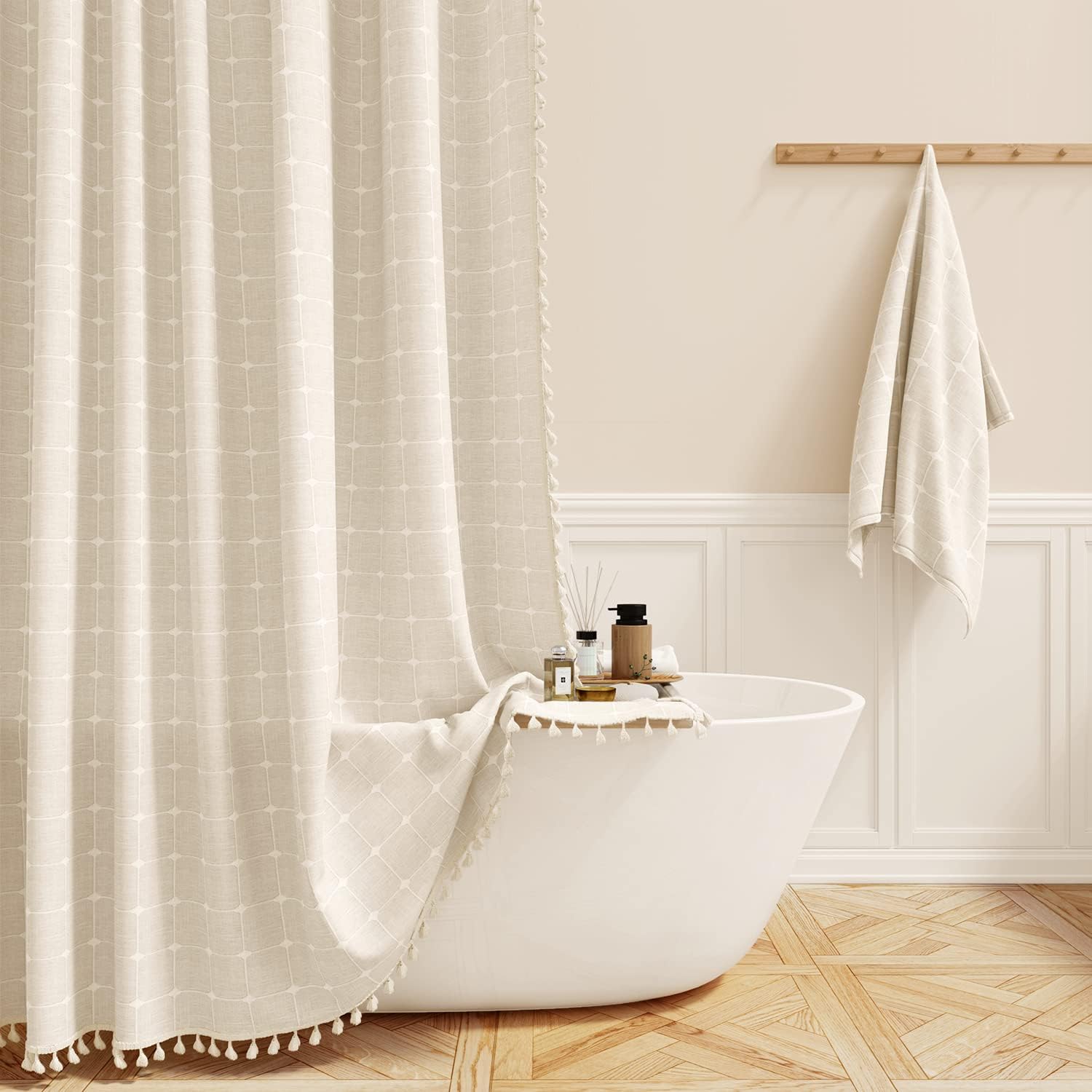 BTTN Boho Farmhouse Narrow Stall Shower Curtain – Linen Plaid with Tassels