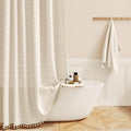 BTTN Boho Farmhouse Shower Curtain – Plaid Linen Fabric with Tassels