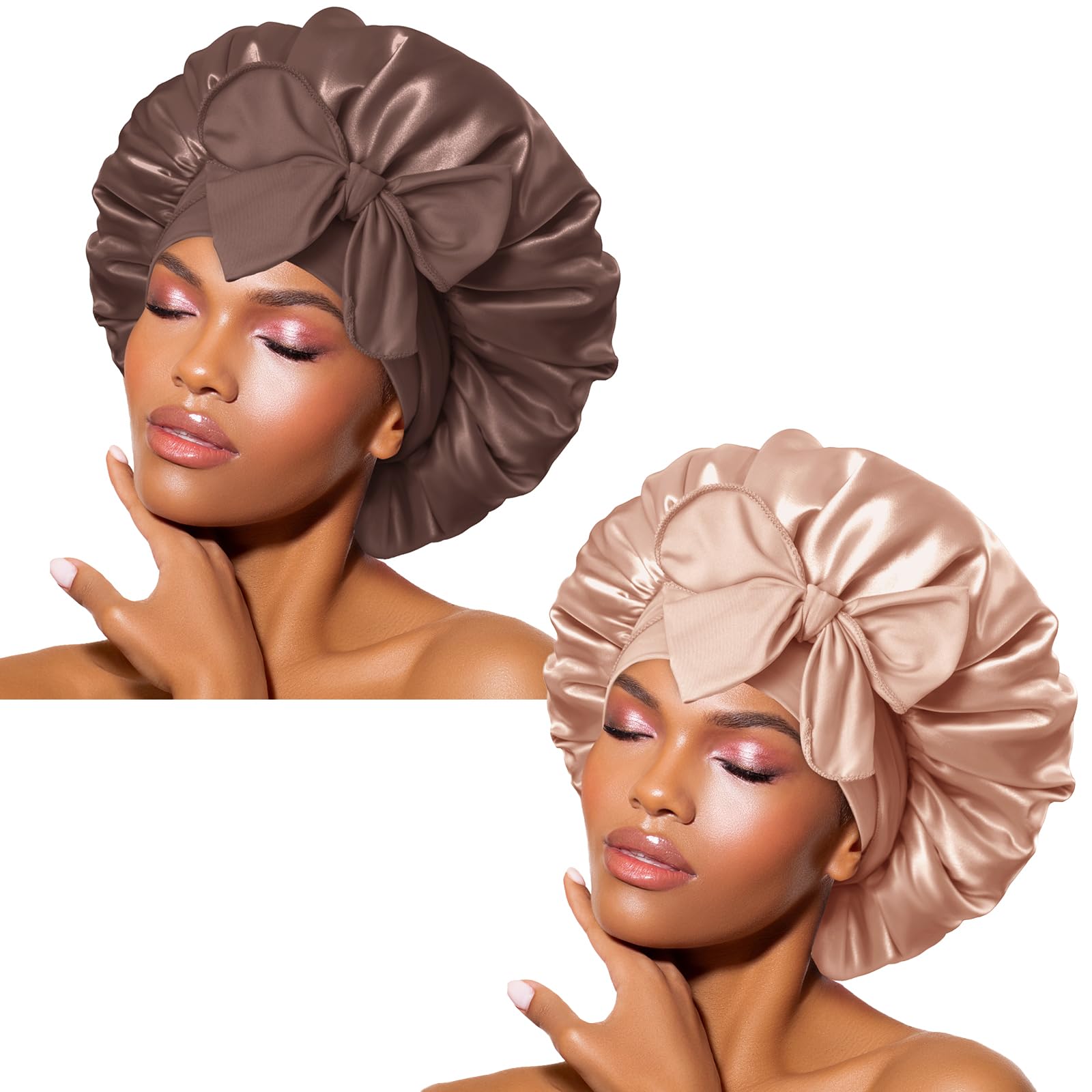 Bonnet Queen Silk Satin Bonnet for Curly Hair – Adjustable Tie Band, Champagne