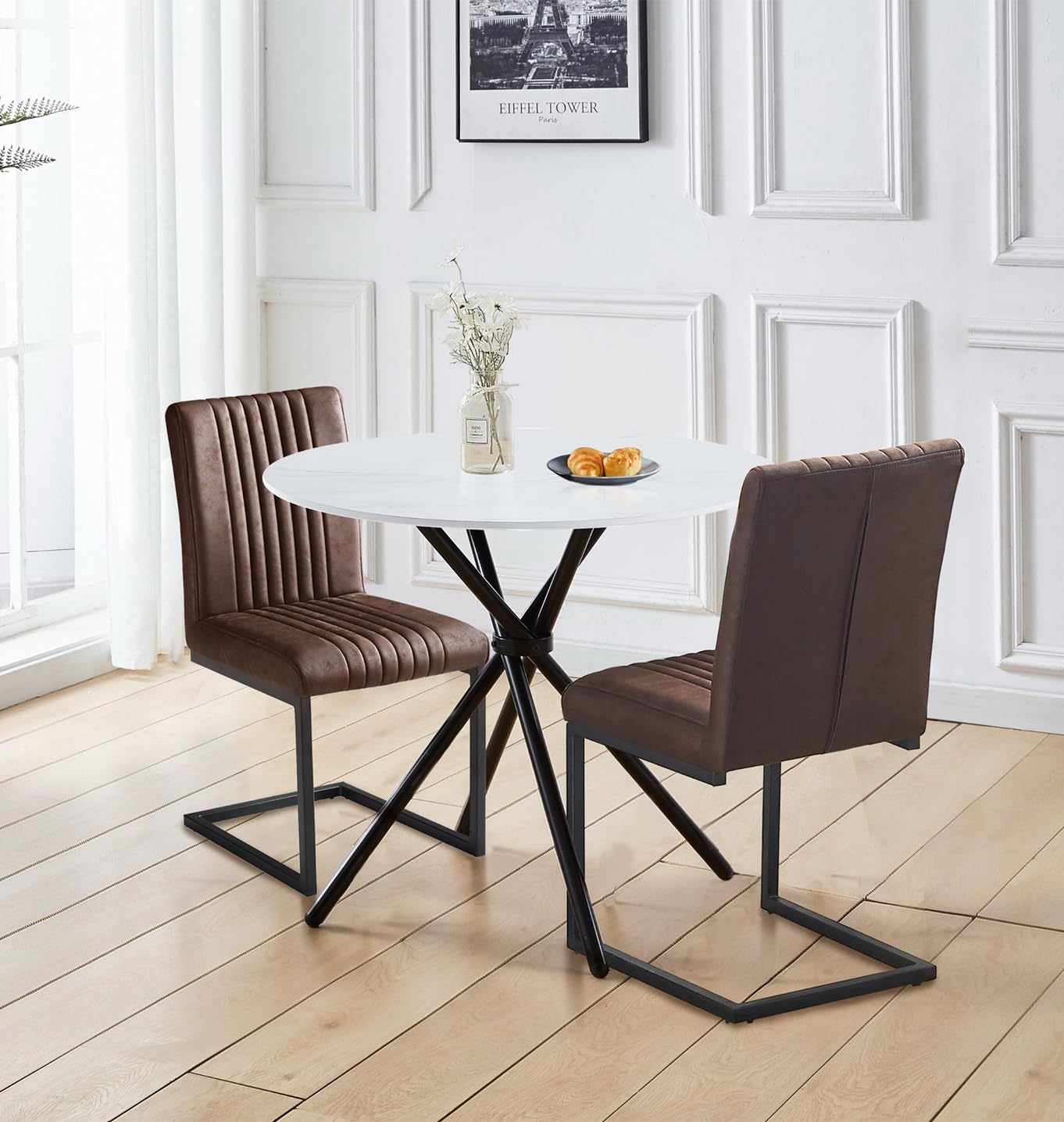 Hallowood Cullompton Round Marble Dining Table and 2 Brown Chairs
