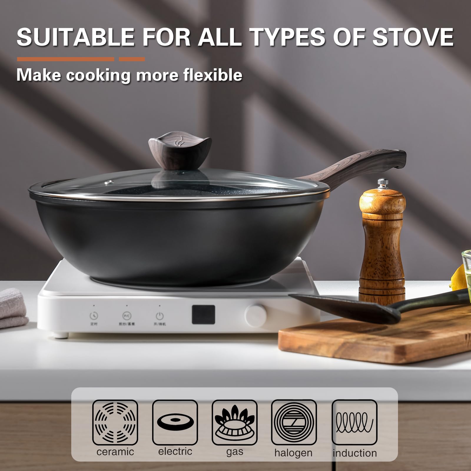 Kordisen 30cm Non-Stick Induction Wok Pan with Lid | Granite Stir-Fry Pan