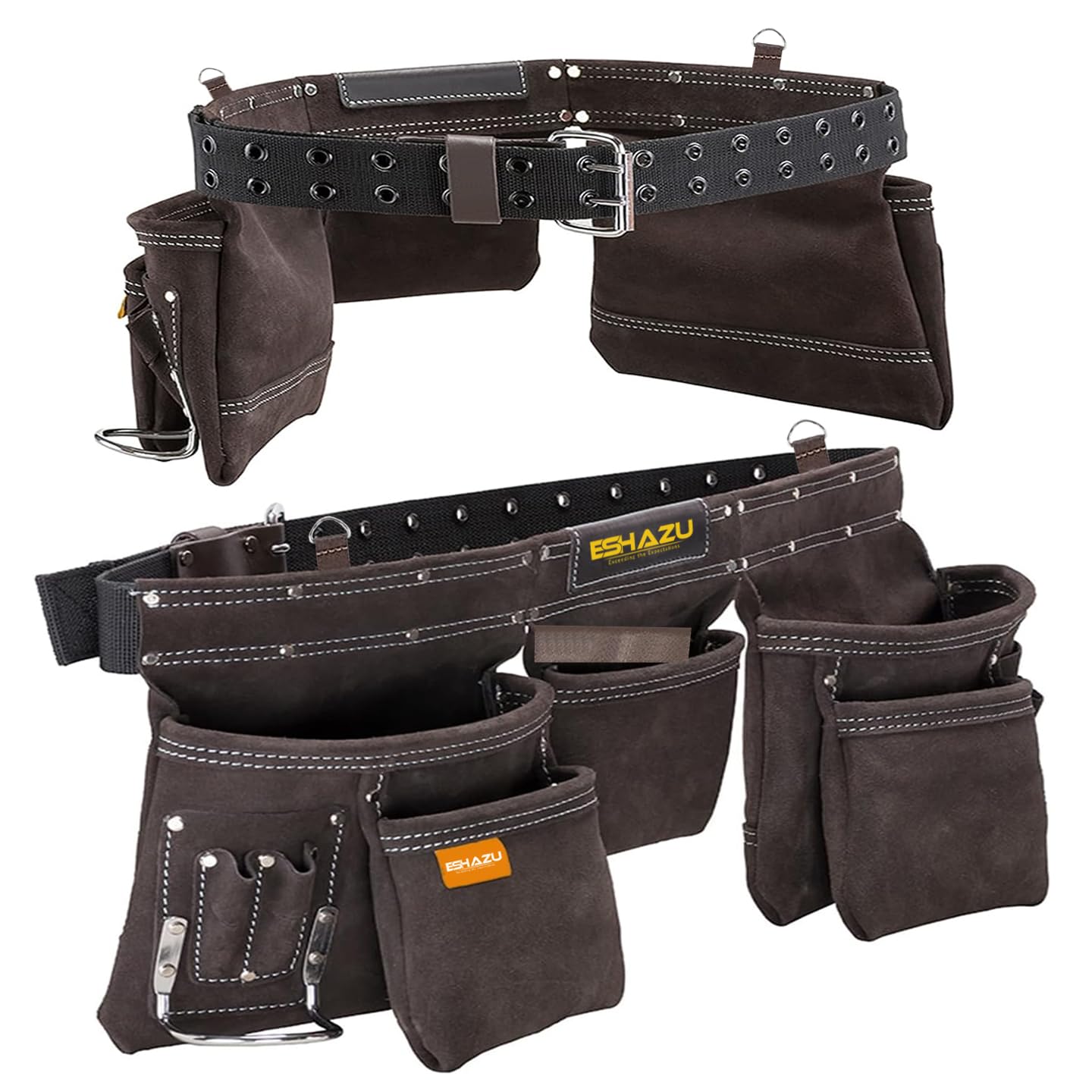 Eshazu Buffalo Leather Tool Belt – Heavy Duty 12 Pocket Carpenter Belt