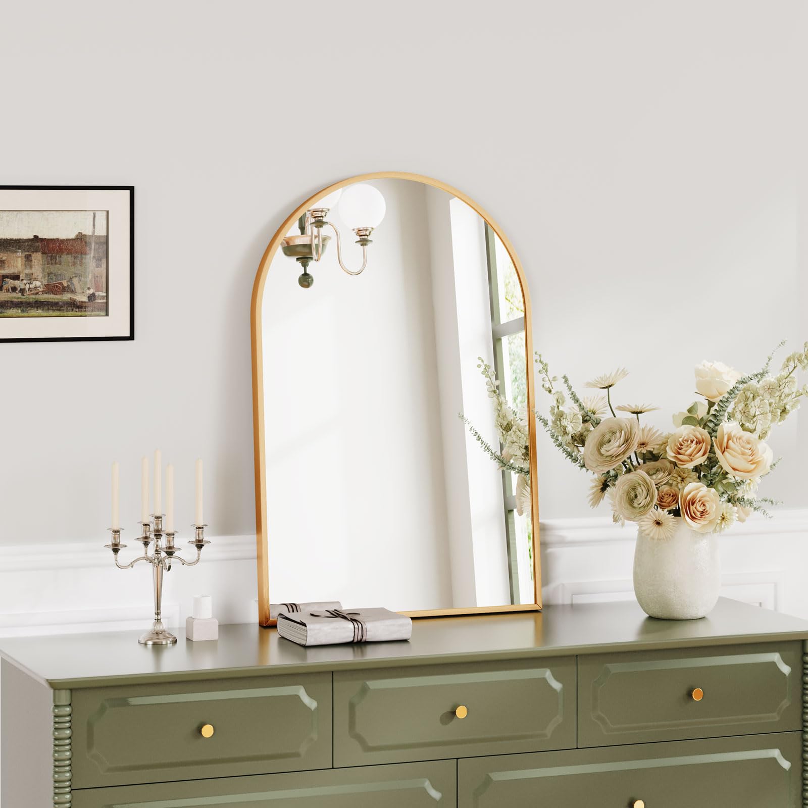 Dripex Arched Wall Mirror – 50x75cm Gold Aluminum Frame for Bathroom