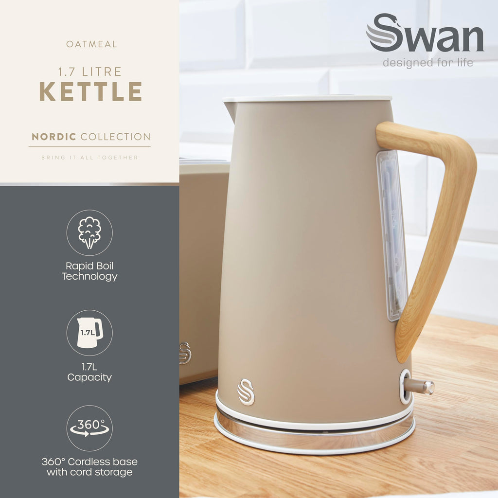 Swan Nordic Cordless Jug Kettle – 1.7L Rapid Boil, Oatmeal & Wood