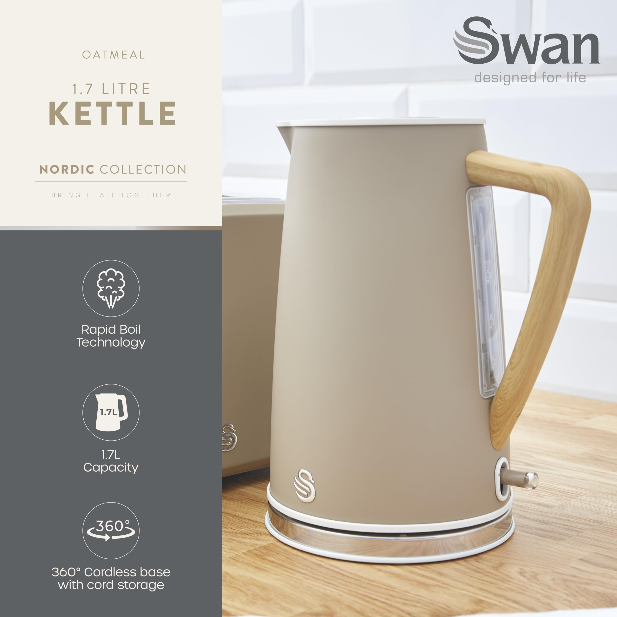Swan Nordic Cordless Jug Kettle – 1.7L Rapid Boil, Oatmeal & Wood