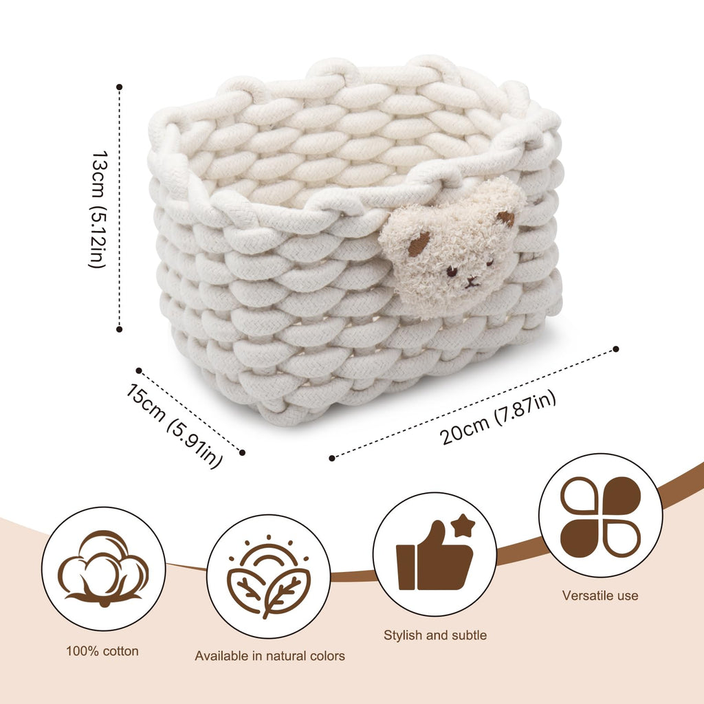 Woven Cotton Wicker Storage Basket with Bear Motif, White - Bathroom Organizer for Desk, Makeup Table, Cabinets, Bath, Kitchen White