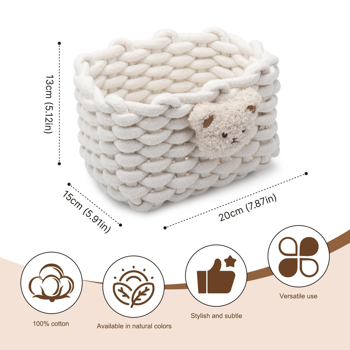 Woven Cotton Wicker Storage Basket with Bear Motif, White - Bathroom Organizer for Desk, Makeup Table, Cabinets, Bath, Kitchen White