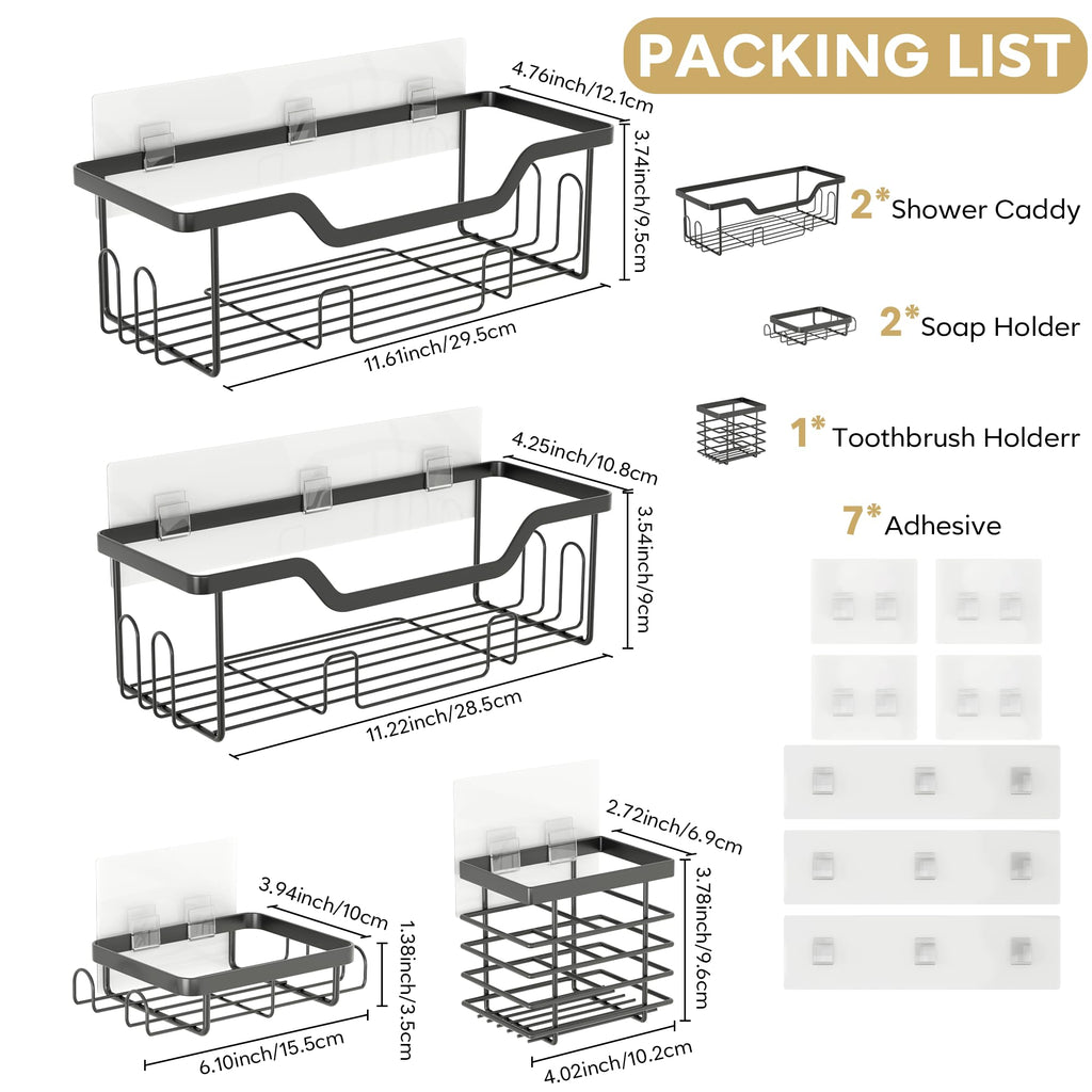 Cubbiesavor Shower Caddy 5 Pack, Stainless Steel Shower Shelf No Drilling with Toothbrush, Razor and Soap Holder Set, Black Bathroom Accessories - image 2