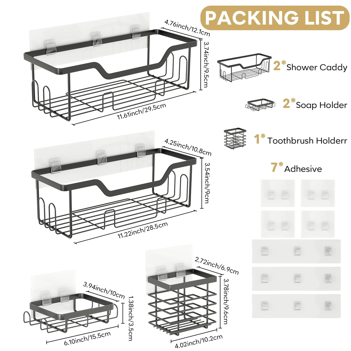 Cubbiesavor Shower Caddy 5 Pack, Stainless Steel Shower Shelf No Drilling with Toothbrush, Razor and Soap Holder Set, Black Bathroom Accessories - image 2