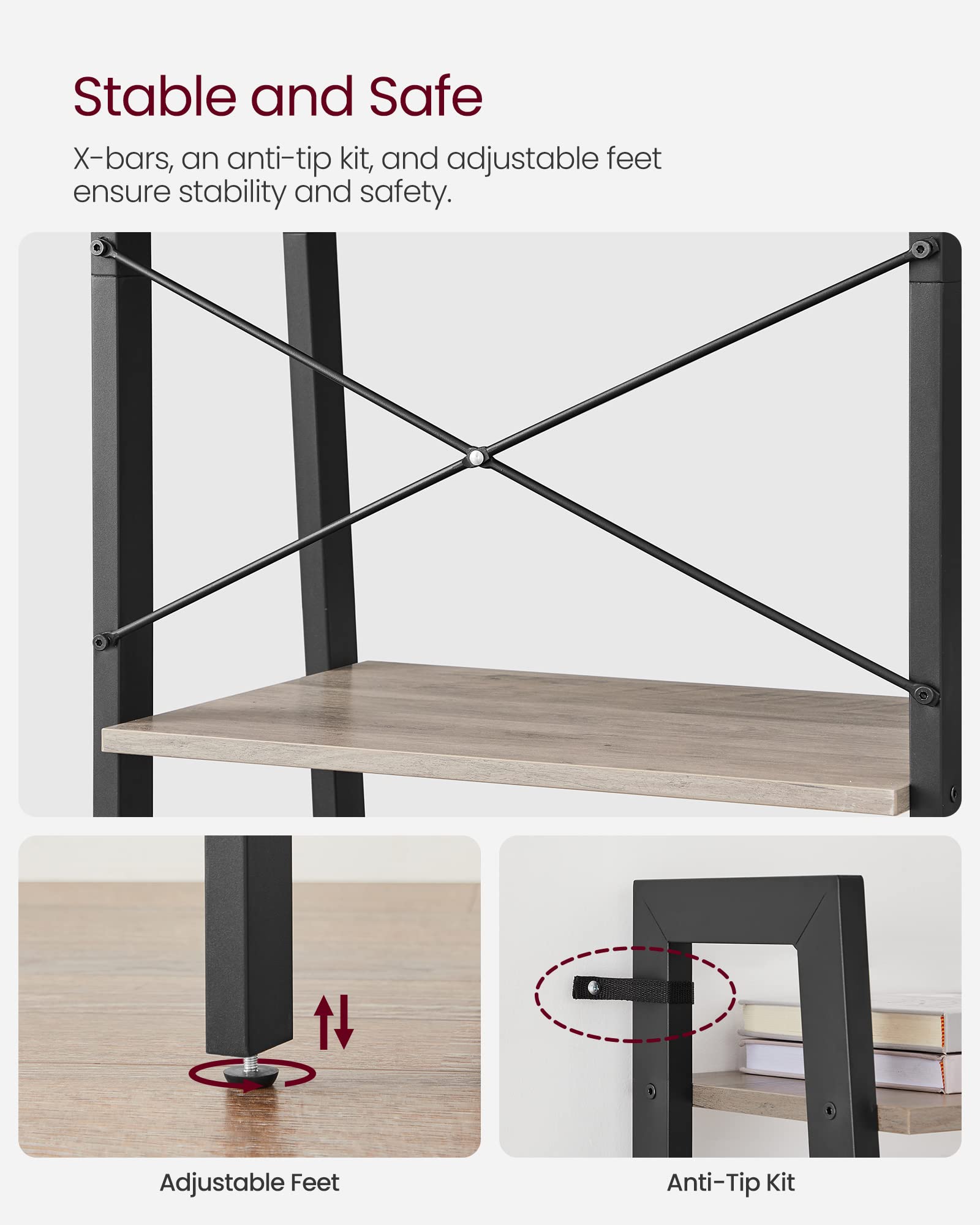VASAGLE 4-Tier Ladder Shelf – Industrial Steel Frame Bookcase, Greige