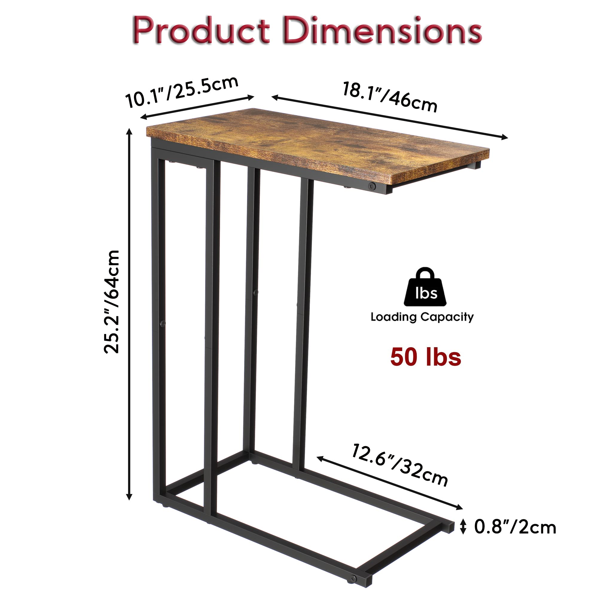 Yusong C Shaped End Table – Slim Industrial Sofa Side Table, Rustic Brown
